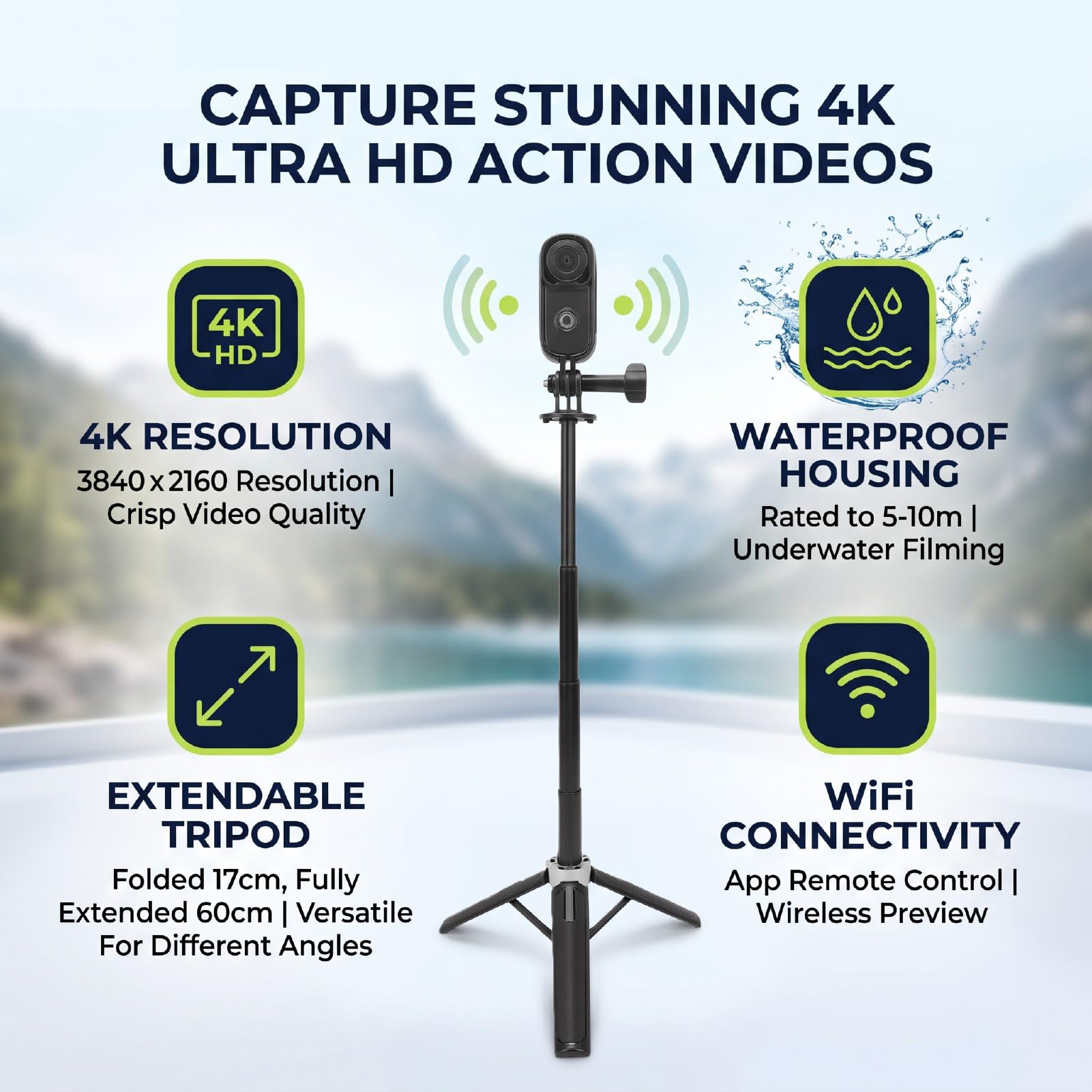 Action Camera 4K con Custodia Impermeabile, Videocamera POV