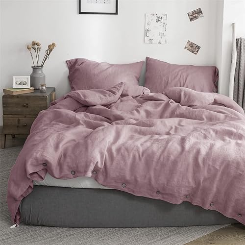 Miniatura 19 de Simple&Opulence - Juego de funda de edredón 100 % lino, 2 piezas con cierre de botón de coco, de lino francés lavado, color liso, suave