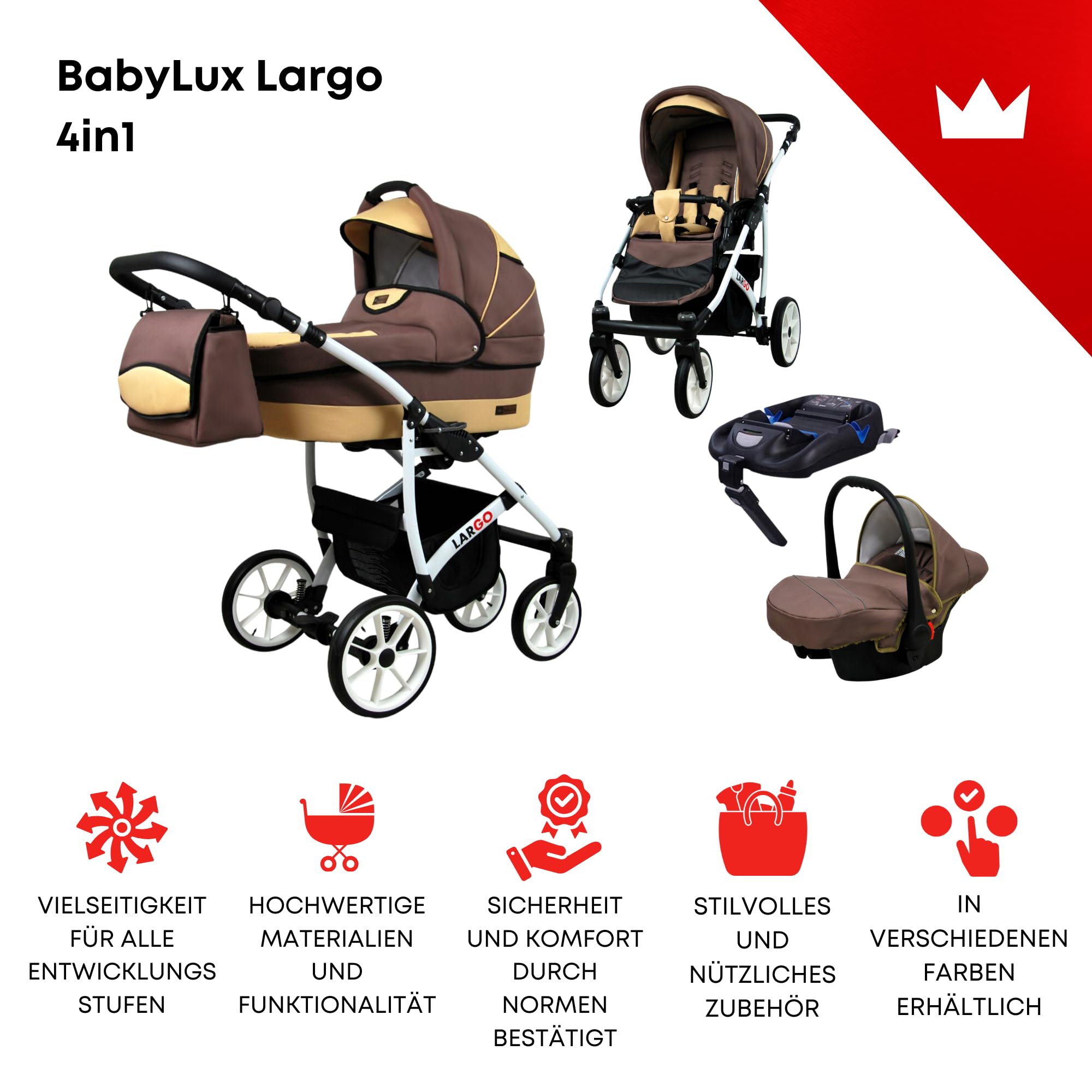 BabyLux Zestaw wózków dziecięcych 4 w 1 – Largo – w zestawie wanienka dla niemowląt, fotelik sportowy, fotelik samochodowy, stacja bazowa ISOFIX – fotelik samochodowy – zestaw wózków dziecięcych
