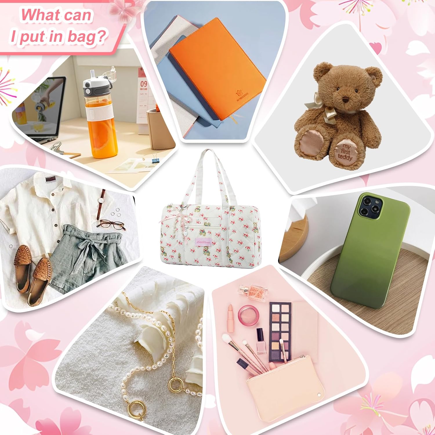 Coquette Bag with Bow Keychain White Pink Floral Travel Duffel Bag for Women Sweetly Bunny Handbag Cute Quilted Puffer Bags Shoulder Purse Carry on Bags for Travel Family Trip Christmas Gifts Business - Image 5