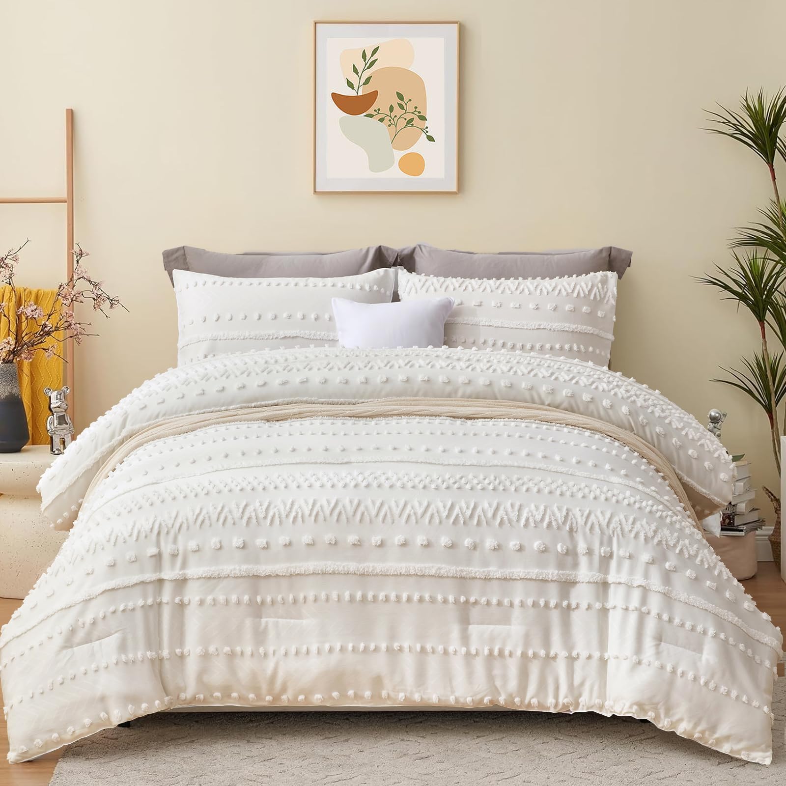 XruibedWhite Comforter Set Queen Boho Tufted Textured Comforter Set Bohemian Embroidery Tufted Bedding Comforter with 2 Pillow Cases 4 Pieces Shabby Chic Bedding Set for All Season 90"x 90"