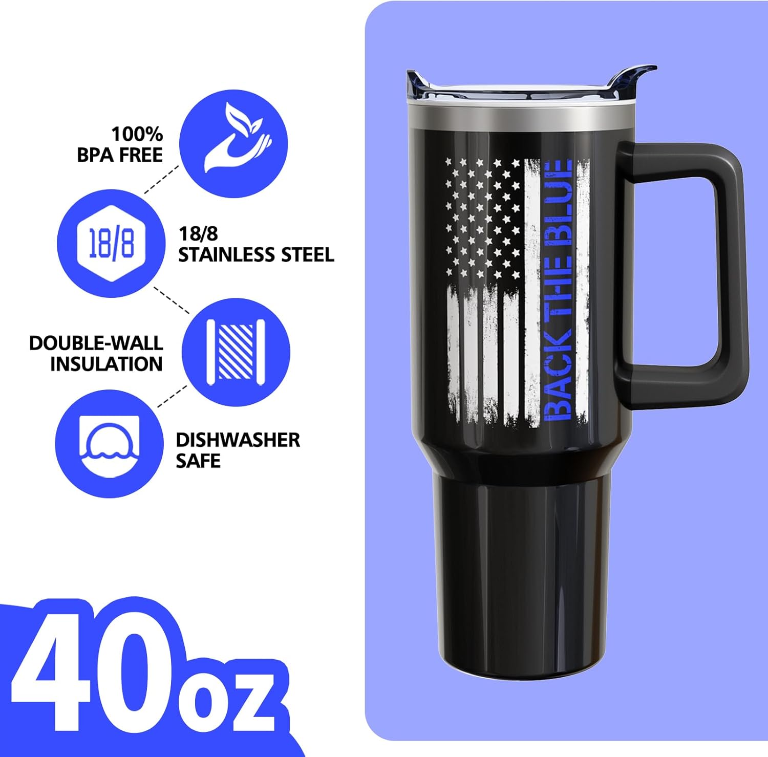 Police Gifts 40oz Tumbler with Handle and Lid Straw, Stainless Steel Double Walled Vacuum Insulated Cup, Police Officer Retirement Graduation Birthday Gifts for Men Boys (1PC) - Image 4