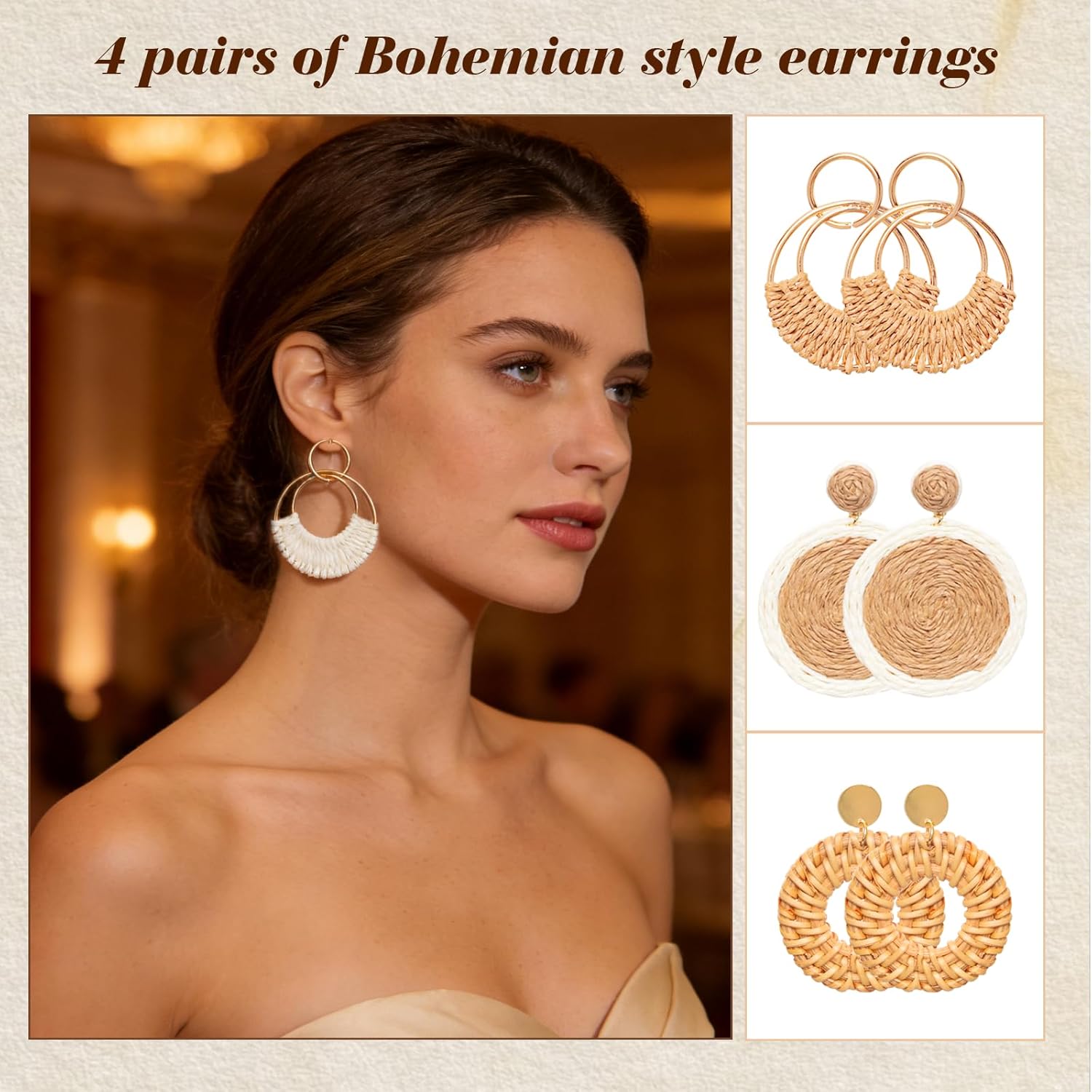 4 Pairs Dainty Handmade Boho Earrings Raffia Rattan Earrings for Women Round Woven Drop Dangle Beach Earrings Set - Image 6