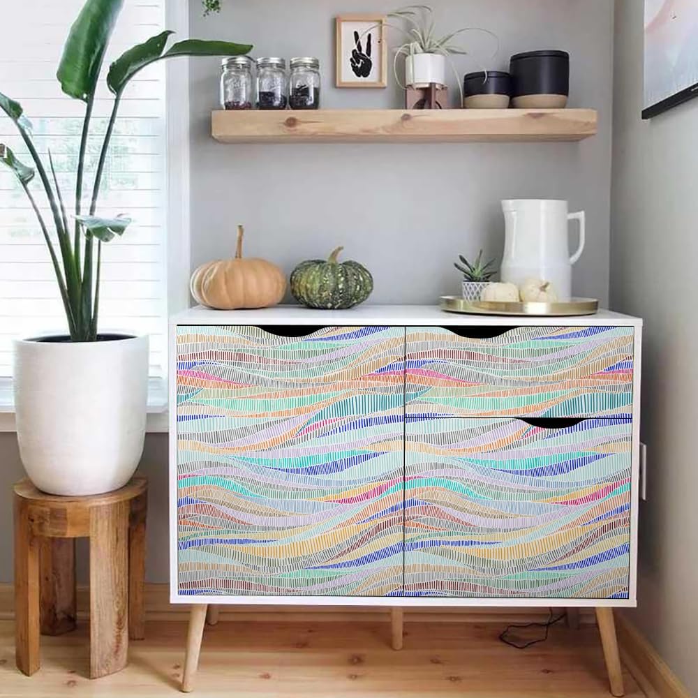 Colorful Geometrical Wave Mosaic Modern Peel and Stick Wallpaper Self Adhesive Removable Easy Peel Off Stick on Wall Paper for Bedroom Cabinet Renter Friendly