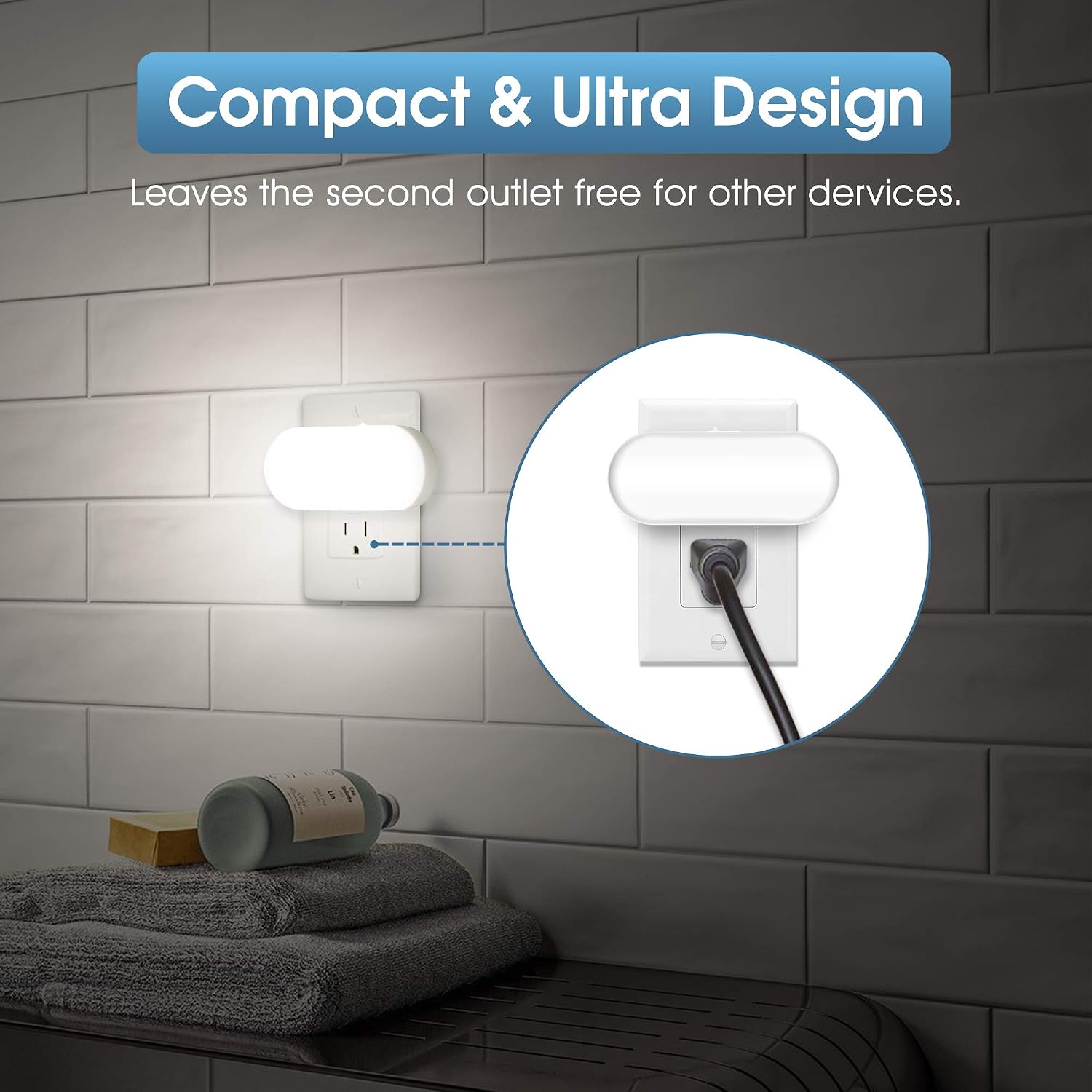 Dimmable Night Light for Kids, DORESshop 1W Plug in Dusk to Dawn Sensor Night Light, Adjustable Brightness from 0LM to 100LM, Low Blue Light, Daylight White 5000K for Bedroom, Hallway, Nursery, 2 Pack