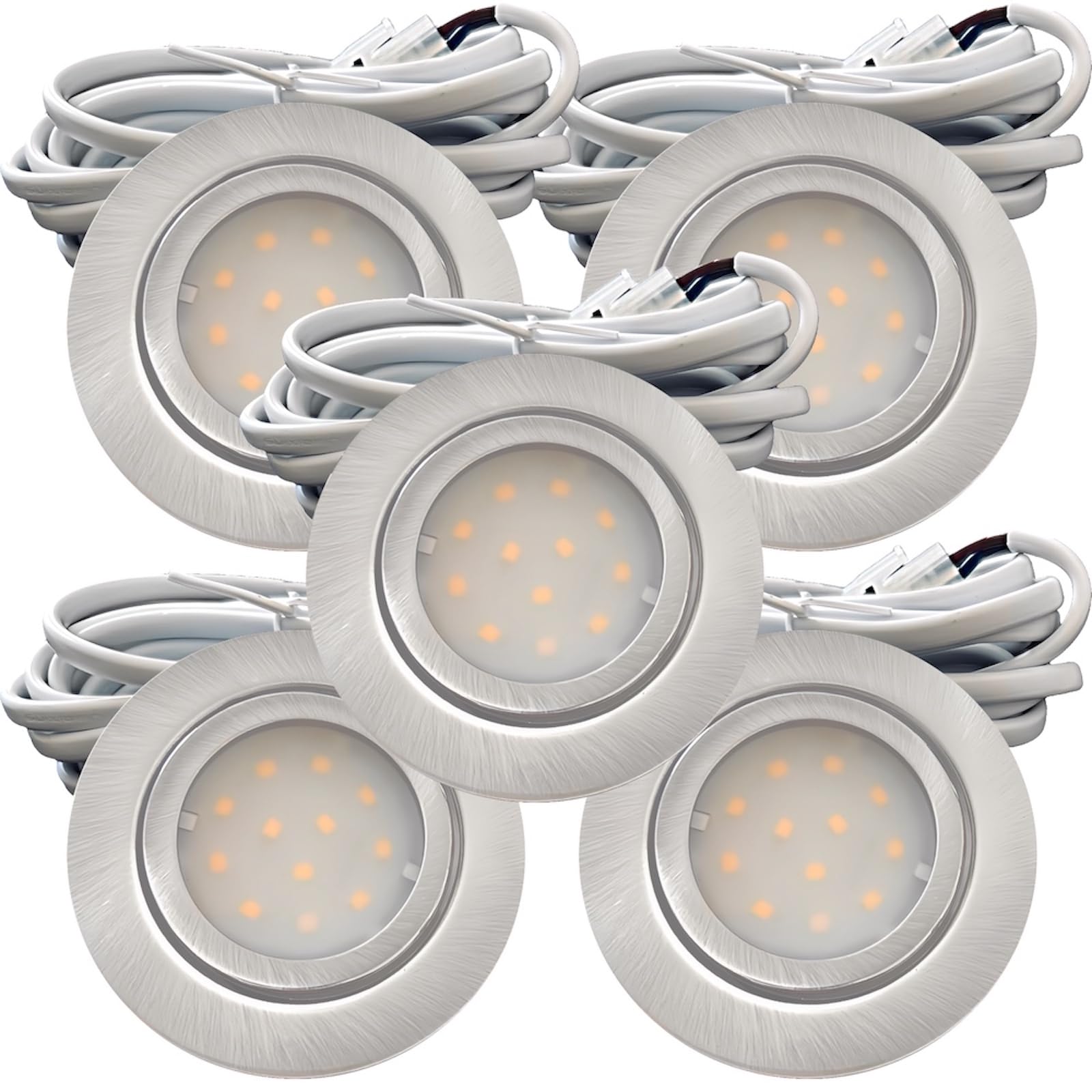 5er Set IP44 LED Spots 12V DC, extra flach, 2,2W, 240lm, Edelstahl gebürstet, (4000K) Neutralweiß, für Bohrlöcher 54-60mm, inkl. 2m Kabel mit AMP-Stecker – ideal für Möbel, Küche, Bad, Decken und mehr