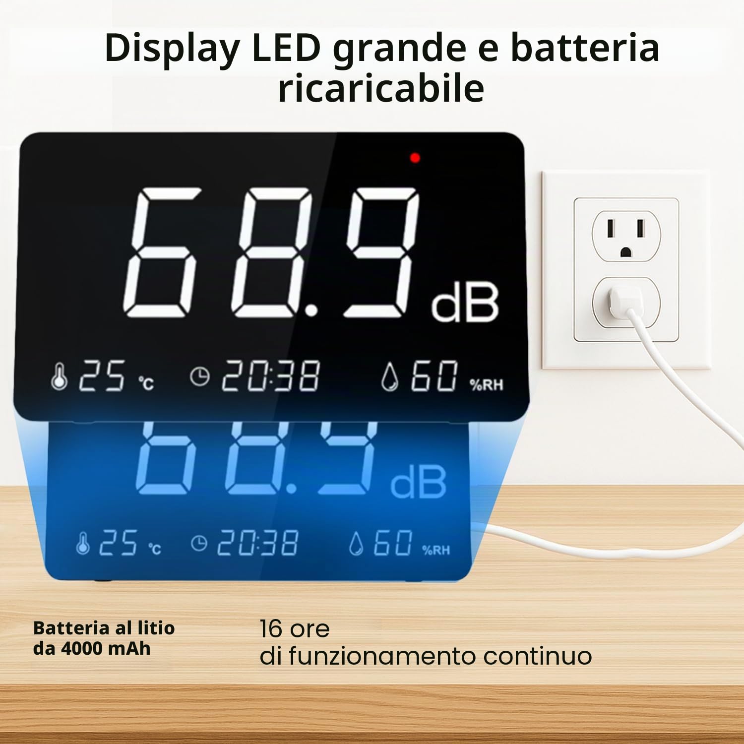 Misuratore di livello sonoro con registrazione dati, 30-130dB Digital Noise Decibel Meter con funzione di allarme, 26000 registrazione ed esportazione dati, ponderato A, ricaricabile per casa
