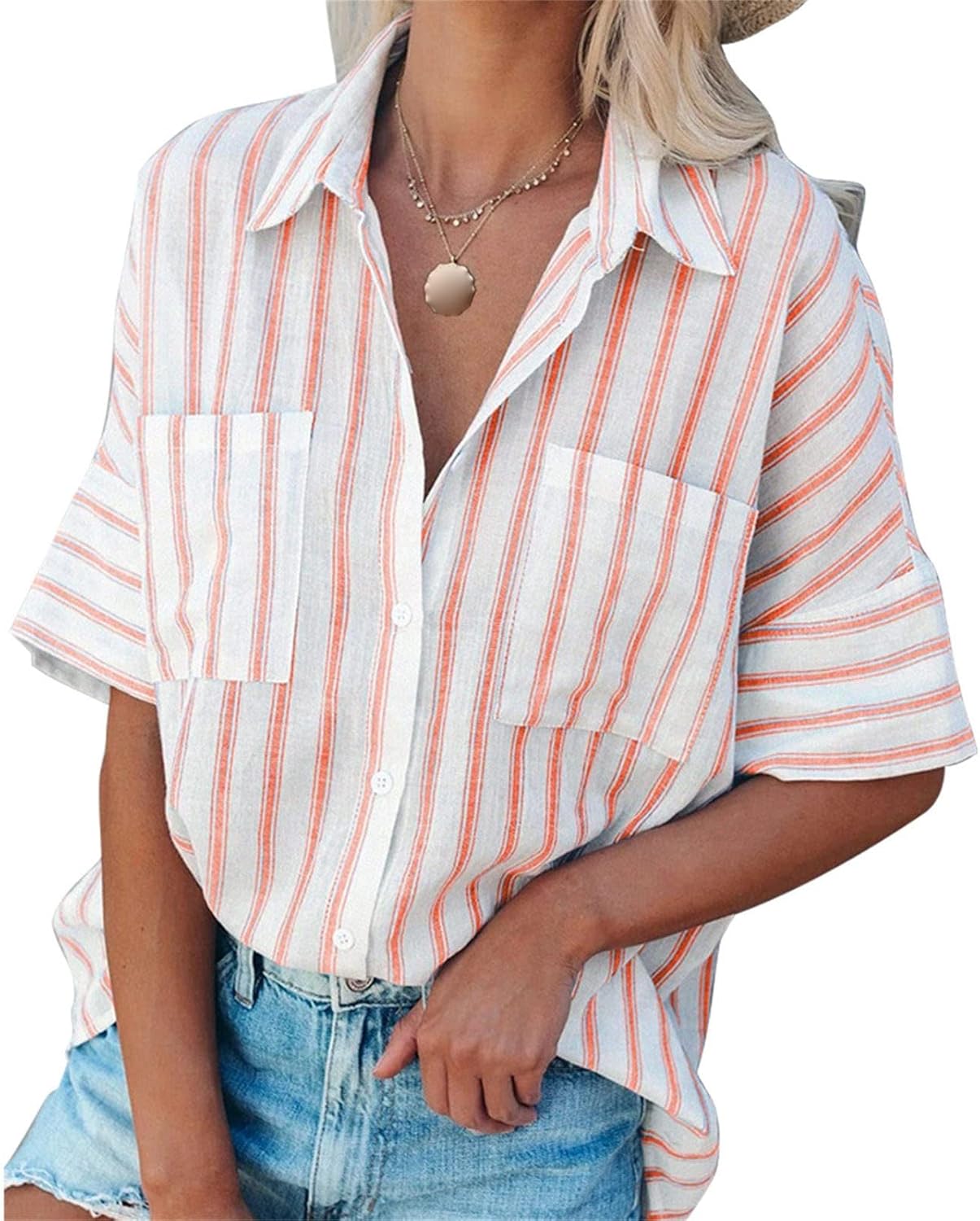 Size Small DGHM-JLMY Women's Striped Lapel Short-Sleeved Shirt Summer Blouses Casual V Neck Stripe Shirts Contrast Pocket Button Blouses