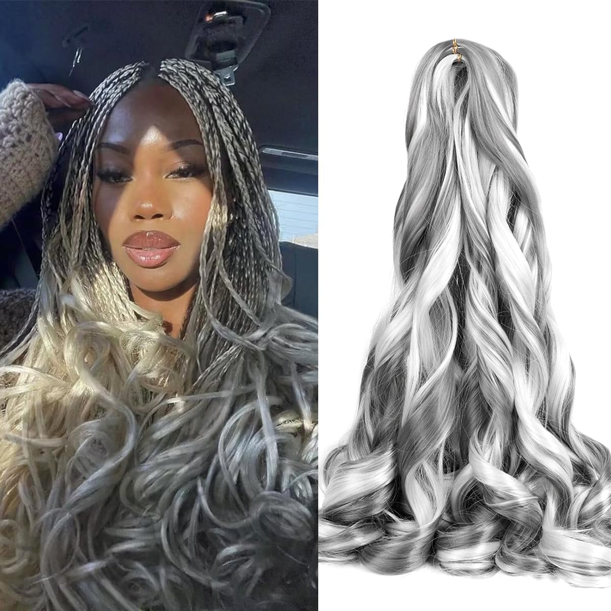 French Curly Braiding Hair 8Pack Mixed Dark grey/Light grey Pre Stretched Synthetic Spiral Curly Braiding Hair 24Inch Synthetic 75g/pack French Curl Braiding Hair Extensions(24Inch,8 Packs,Mix-grey)