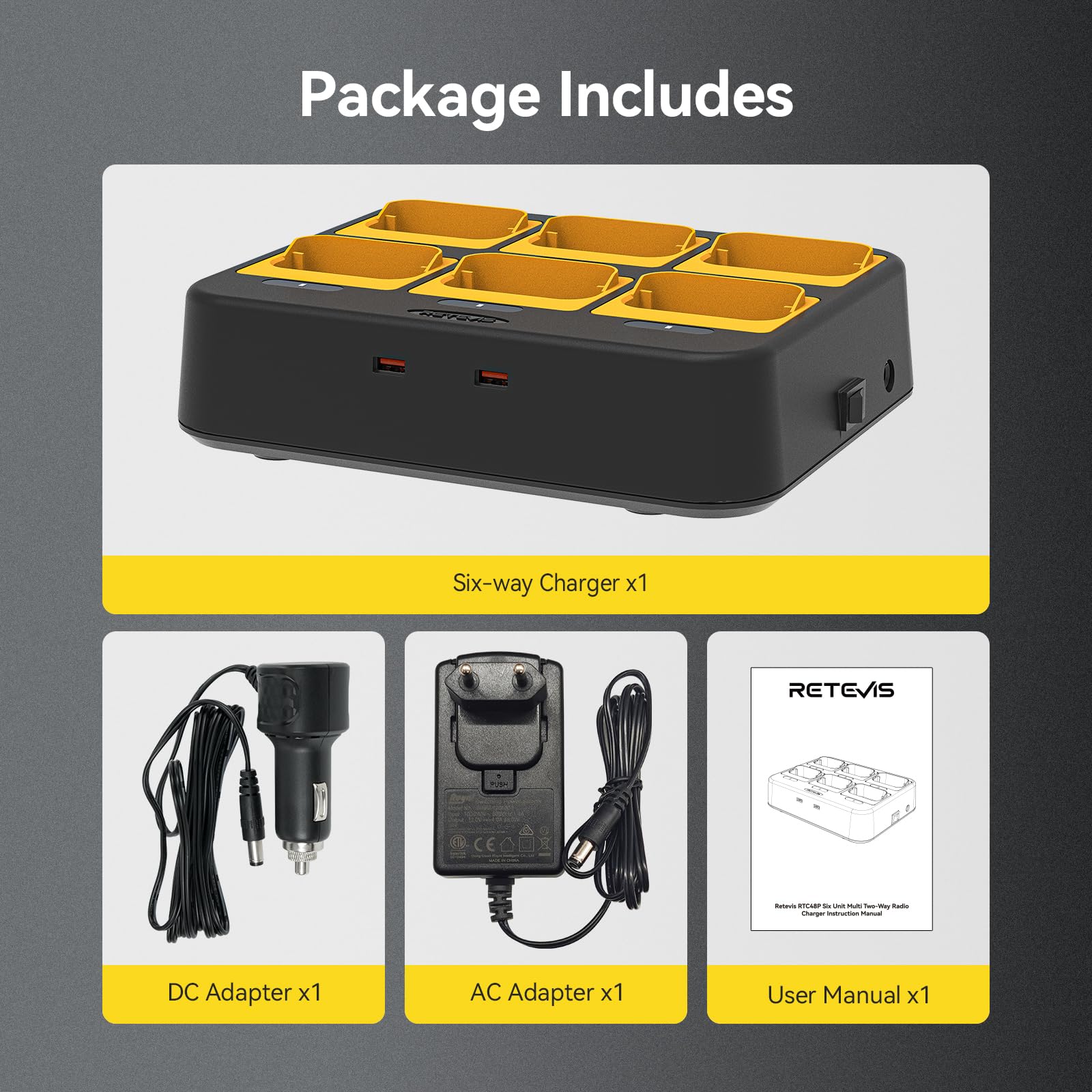 Retevis RB648 Cargador de 6 Puertos para Walkie-talkies RB648/RB648P, Carga 6 Radio de 2 vías, con 8 Protecciones, Alimentación AC/DC e Indicadores LED, Carga Eficiente y Segura (1 Paquete)