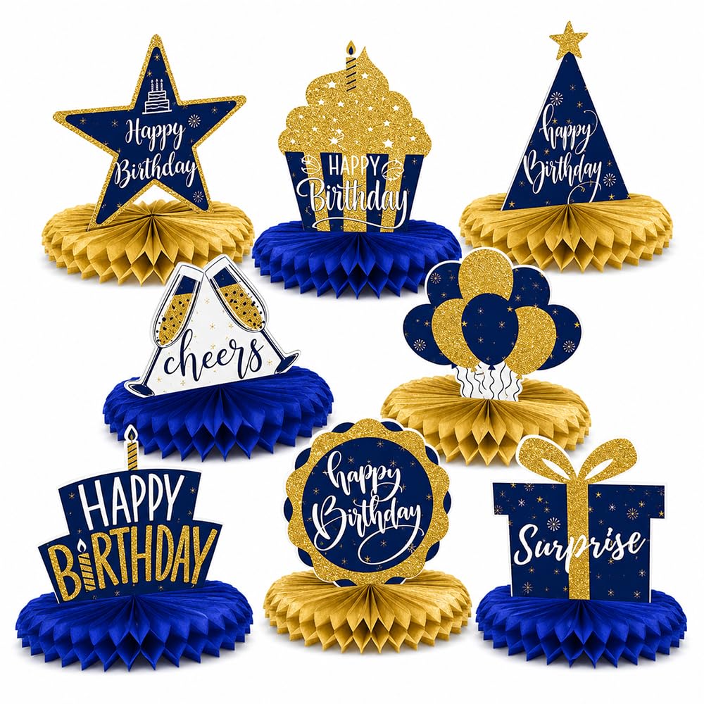 8Pcs Blue Gold Honeycomb Centerpieces Set for Birthday Table Decorations