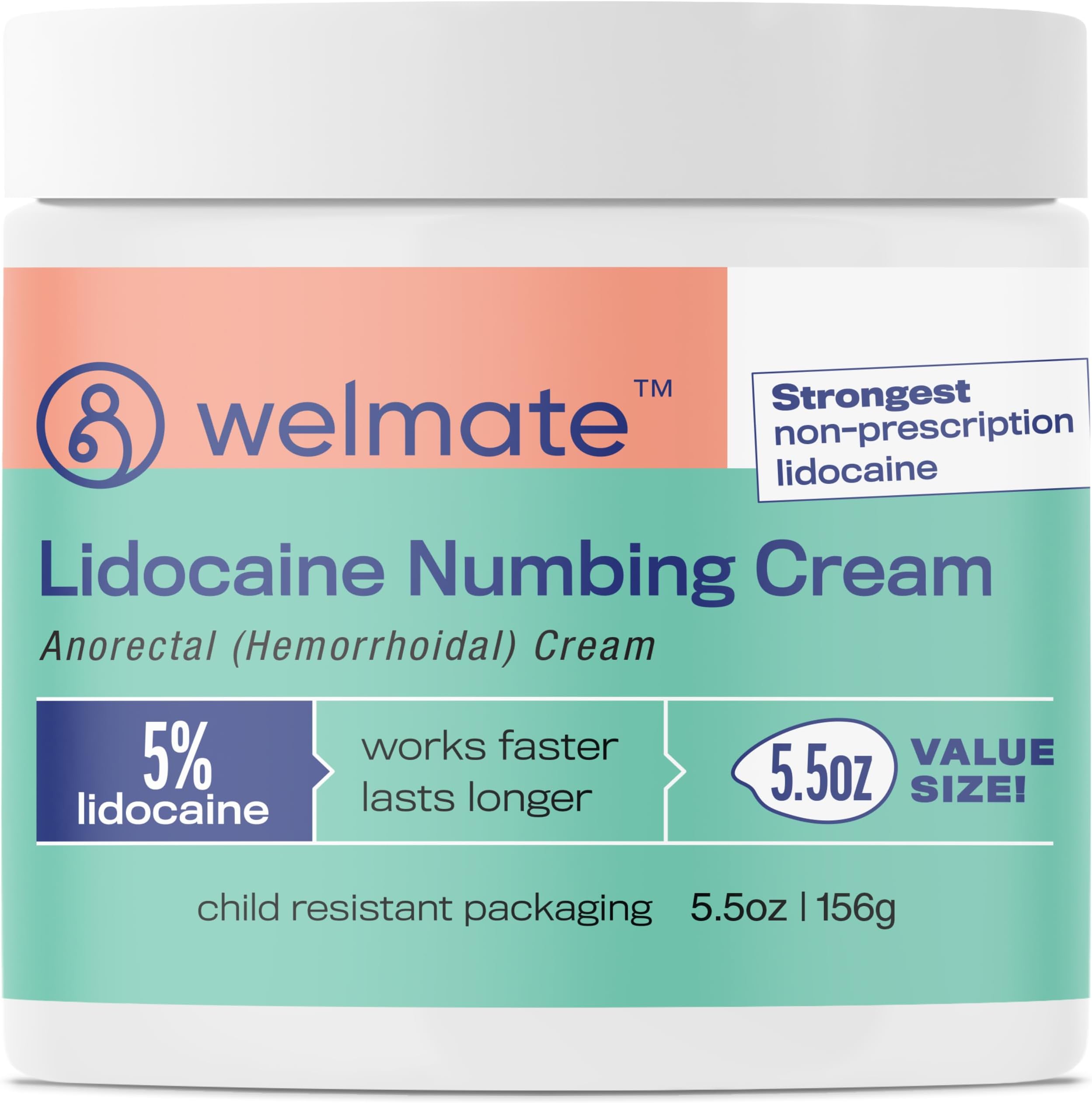 WELMATE 5% Lidocaine Hemorrhoid Relief Cream, Maximum Strength Anorectal Cream, 5.5 oz