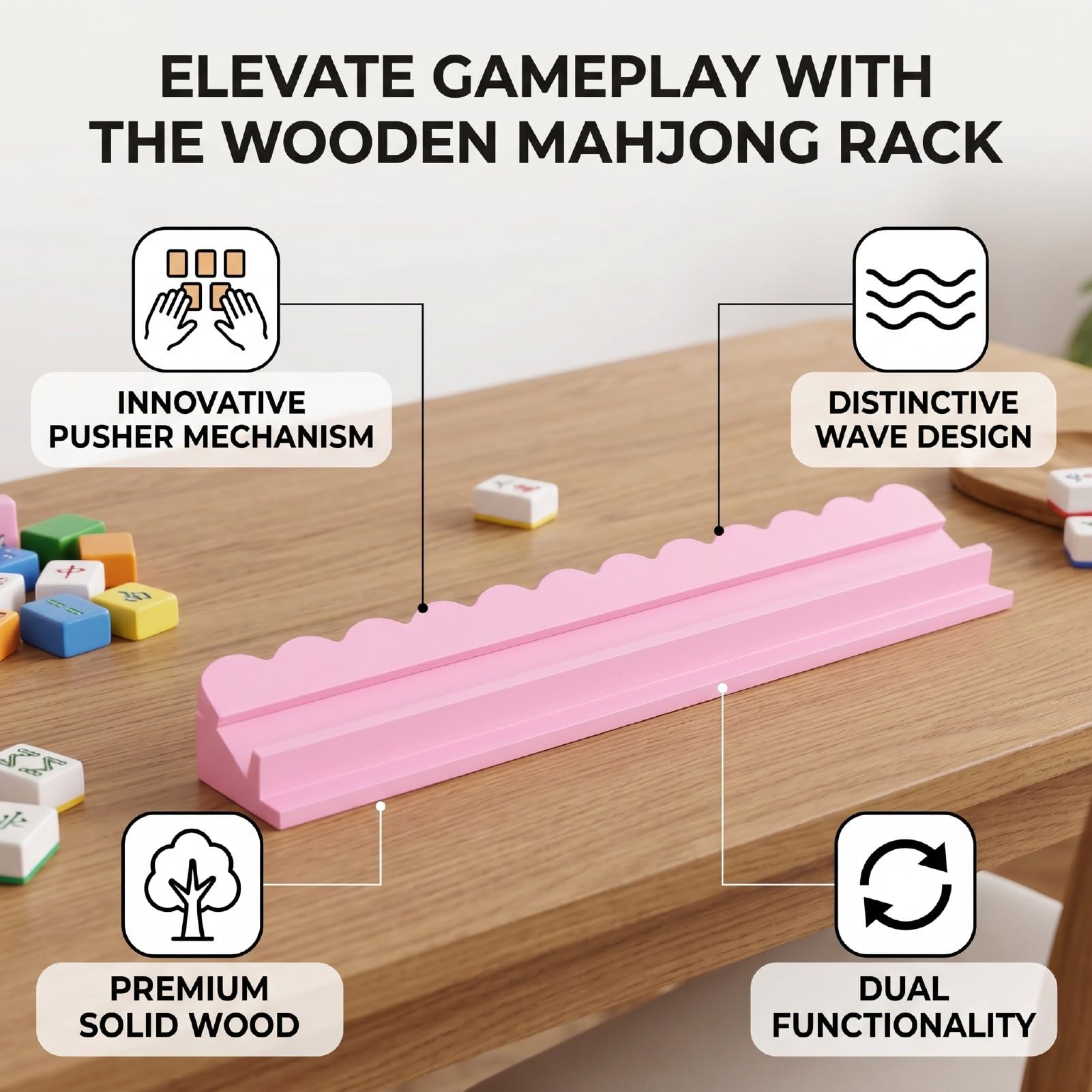 Bastidores Mahjong de Madera de 17 Pulgadas, Elegante Diseño Ondulado con Empujadores para Noches de Juegos Familiares, Madera Maciza de Primera Calidad, 4 Piezas