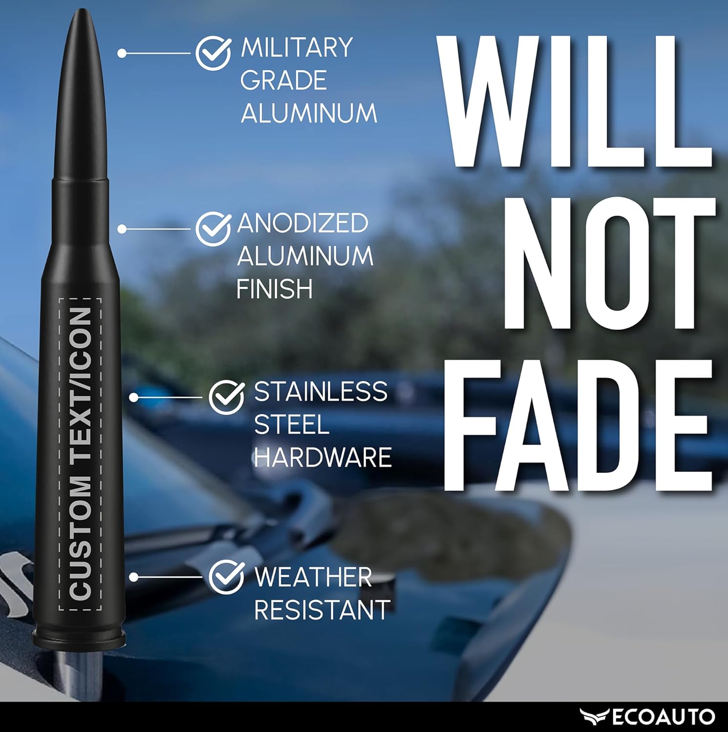 EcoAuto Badass Bullet Antenna® - Personalized Designs & Custom Engraving, Military-Grade Aluminum, Anti-Theft, Anti-Chip, for Dodge Ram & Ford F150 F250 F350 Super Duty, Ford Raptor, Bronco