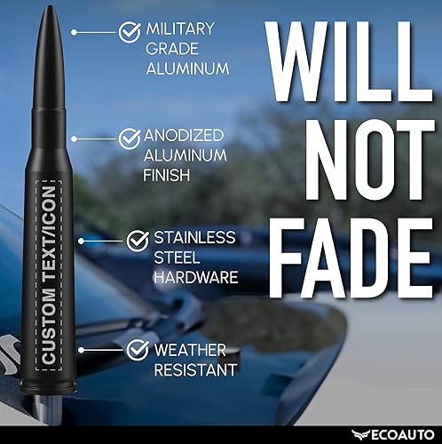 Miniatura 6 de EcoAuto 50 Cal Badass Bullet Antenna® - Personalizado y grabado personalizado - Accesorios universales para camiones para Ford, Dodge, GMC, Chevy,