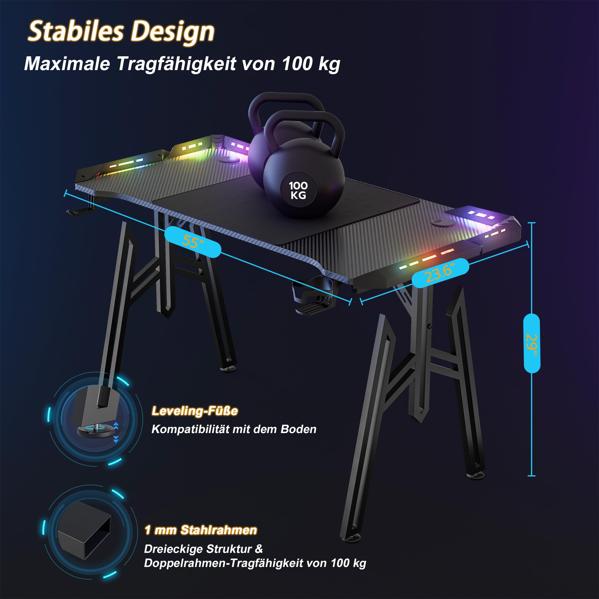YRHome Gaming Schreibtisch Ergonomischer Bureau Gaming Mit LED Schwarz Table Gaming PC Tisch Mit Kohlefaserbeschichtung mit Getränkehalter und Kopfhörerhaken 140 x 60 x 73cm M Beine