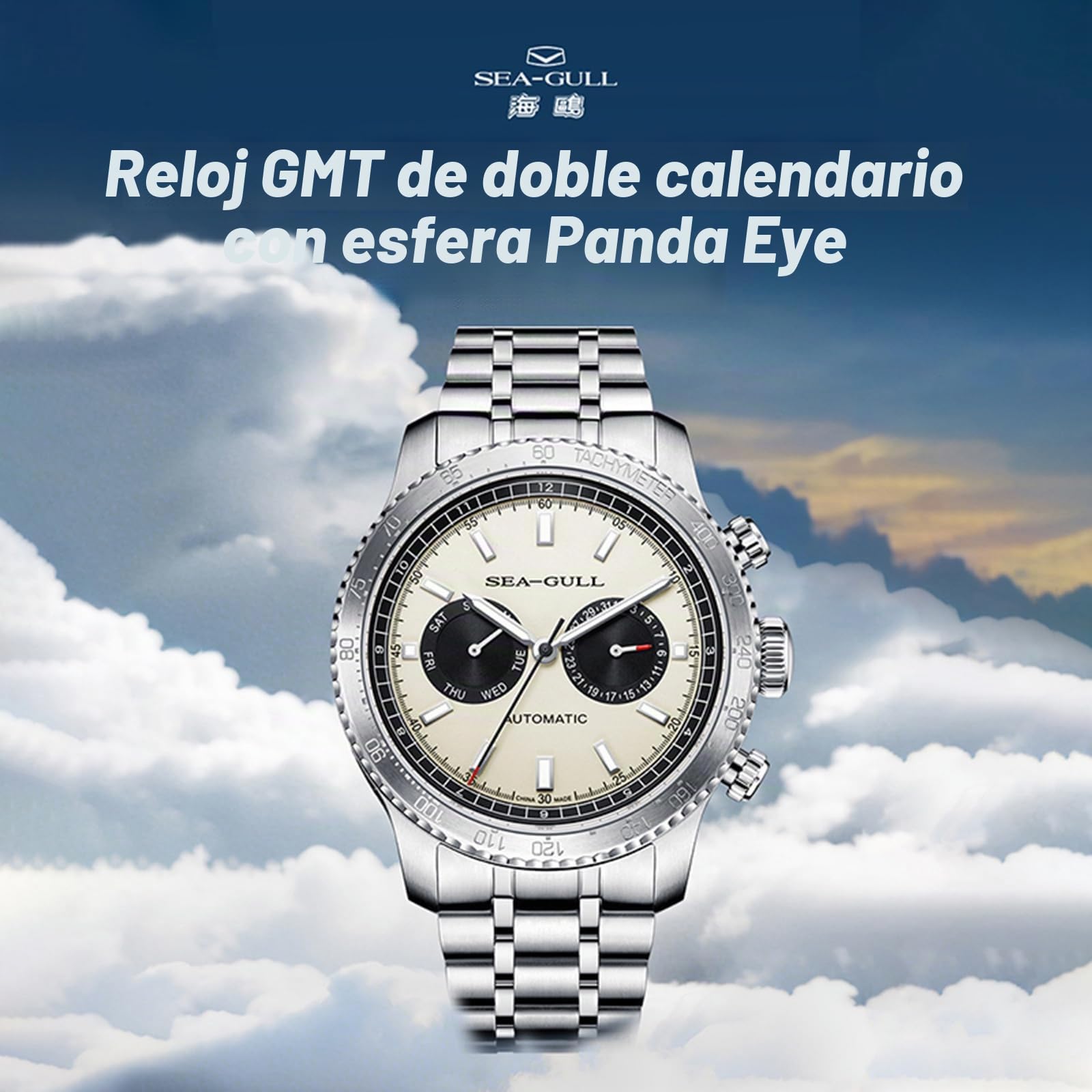 SEA-GULL GMT - Reloj mecánico para hombre, doble calendario, ojo de panda, reloj de pulsera automático, gaviota ST2502, taquímetro, luminoso, 6177