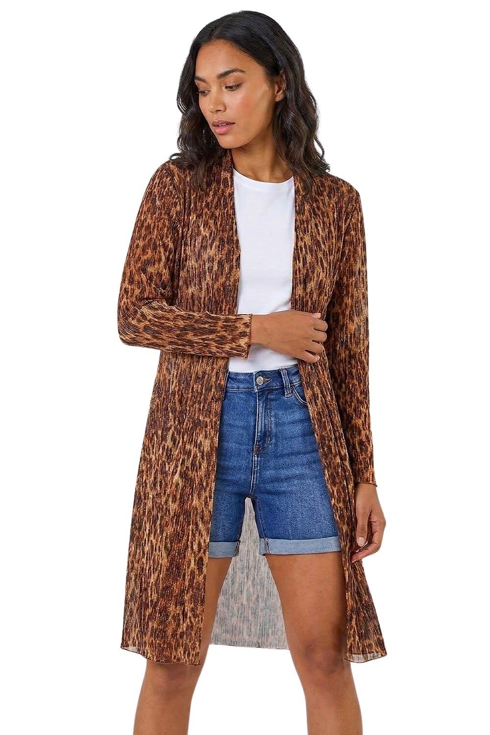 Roman Women's Tan Foil Leaf Print Plisse Kimono
