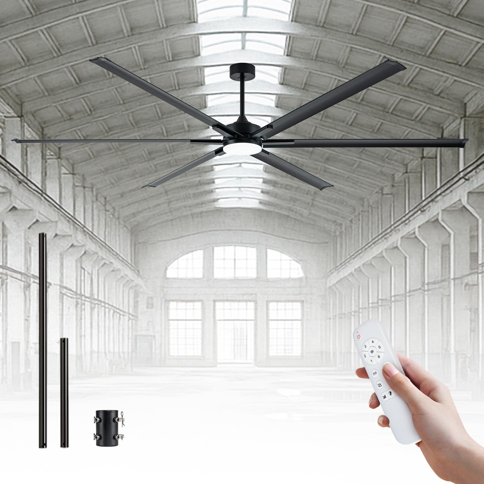 100 Inch Outdoor Ceiling Fan with Light, 6 Aluminum Matte Black Blades
