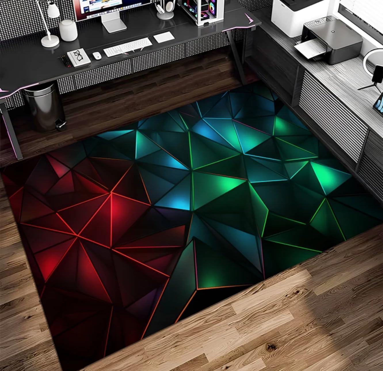 Gaming Teppiche, 3D Vision Geometrie Neon Spiele Bereich Teppich für Jungen Teenager, Gamer Teppich für Kinderzimmer, Rutschfest Teppich Geeignet Für Schlafzimmer E-Sport Zimmer, 160x200 cm, Rot Grün