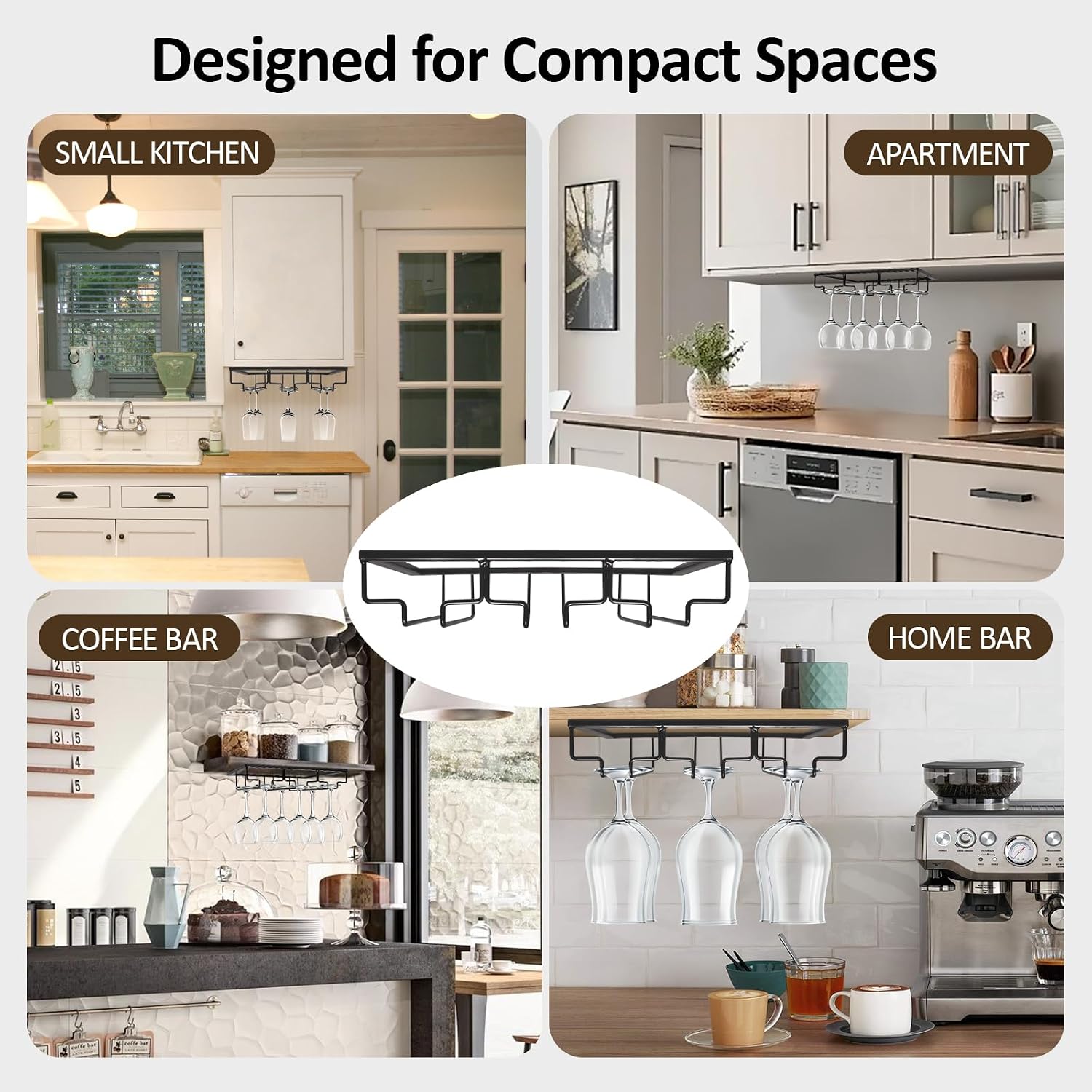 3-Row Wine Glass Rack Under Cabinet, Compact Iron Stemware Holder