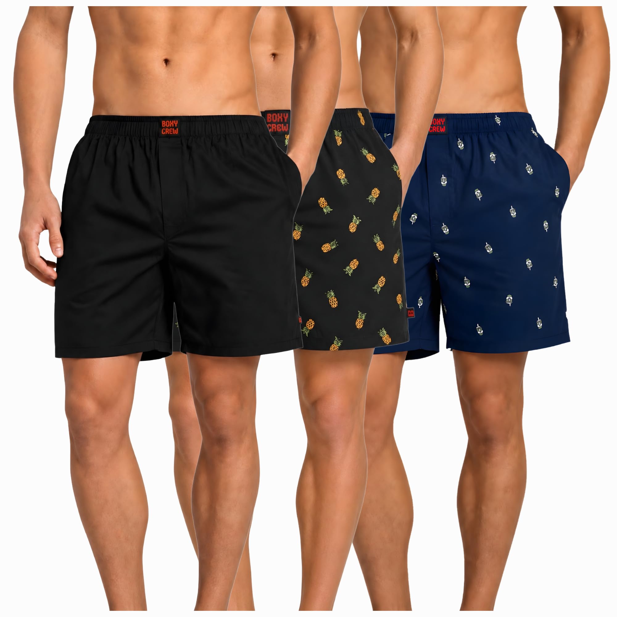 Men's 100% Cotton Boxer Shorts Pack of 3, Black, Charcoal & Navy Blue | Woven Boxers with Side Pockets, No-Marks Elastic Waistband, Breathable Relaxed Fit | Style 001-004-011-picture-42