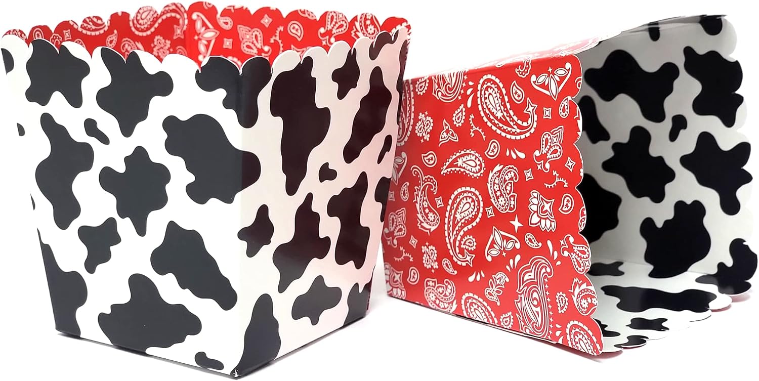 Cow and Bandana Party Favor Snack Boxes for Kids Birthday Parties, Baby Showers, Farm themed Bridal Showers/Weddings, and School Events. Set of 12 Reversible Cow to Red Bandana Scalloped Popcorn Boxes