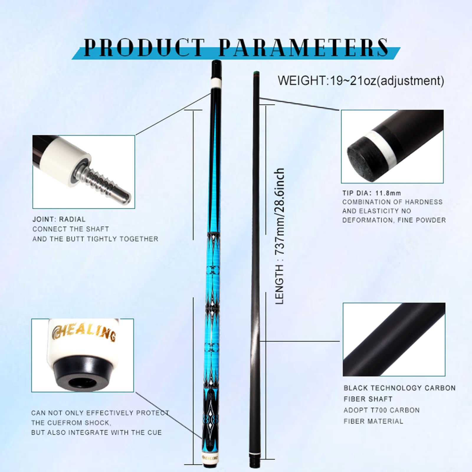 KHEALING Kij bilardowy z włókna węglowego, kij do zabawy z głowicą 11,8 mm, profesjonalny kij bilardowy 1/2, 58' z 8-zębowym złączem dla entuzjastów bilarda