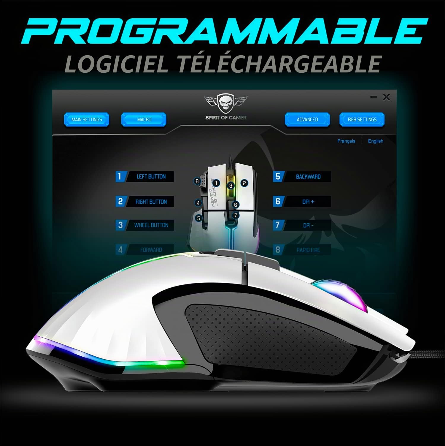 Spirit Of Gamer, Pack Clavier Souris Gamer Filaire RGB Blanc, Clavier Semi-Mecanique Format Compact TKL 60%, Souris Gaming 8 Boutons Programmables avec 13 Effets de Rétroéclairage