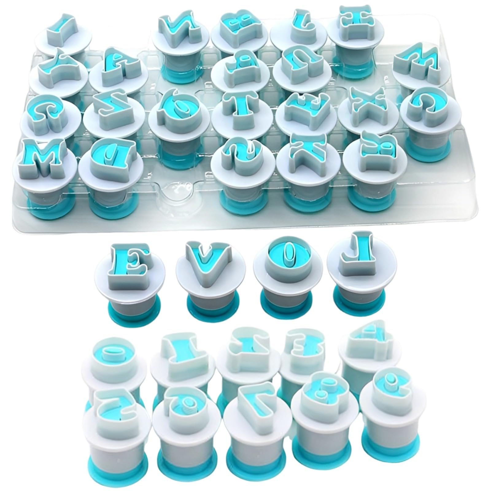 Lot de 36 emporte-pièces alphabet et chiffres, 1,2 in / 3 cm, plastique bleu, moules pour fondant, biscuits et décoration de gâteaux, lettres et nombres pour créations personnalisées