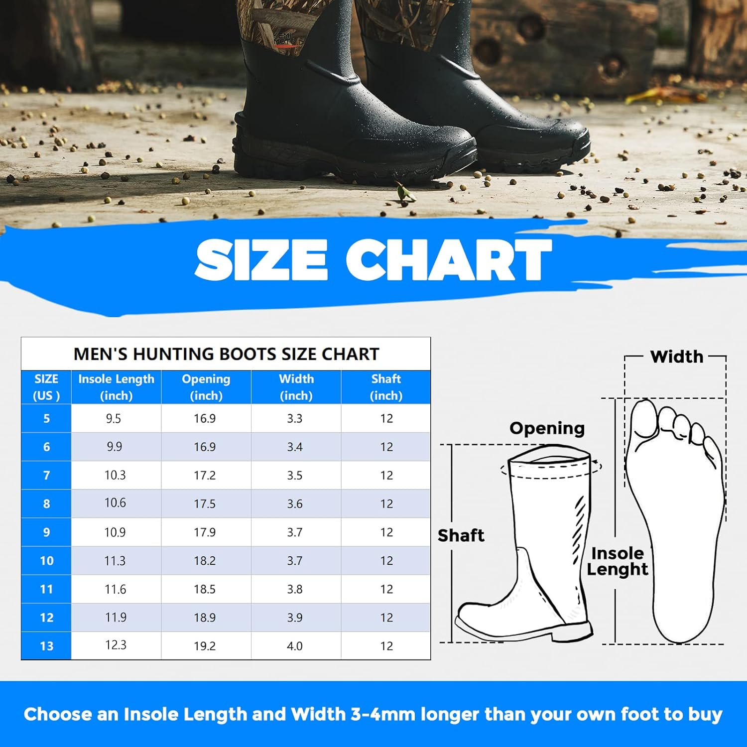 Miniatura 6 de kemimoto Hunting Boots for Men, Waterproof Rubber Boots with Neoprene Insulated, Durable Muck Work Rain Boots Anti Slip for Factory Farming