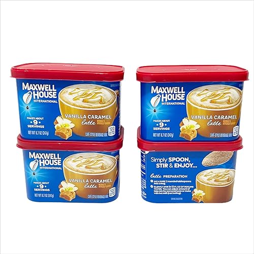 Vista 181 de Maxwell House International - Mezcla de café instantáneo de vainilla y caramelo con un estilo de cafetería (recipiente de 8.7 onzas)