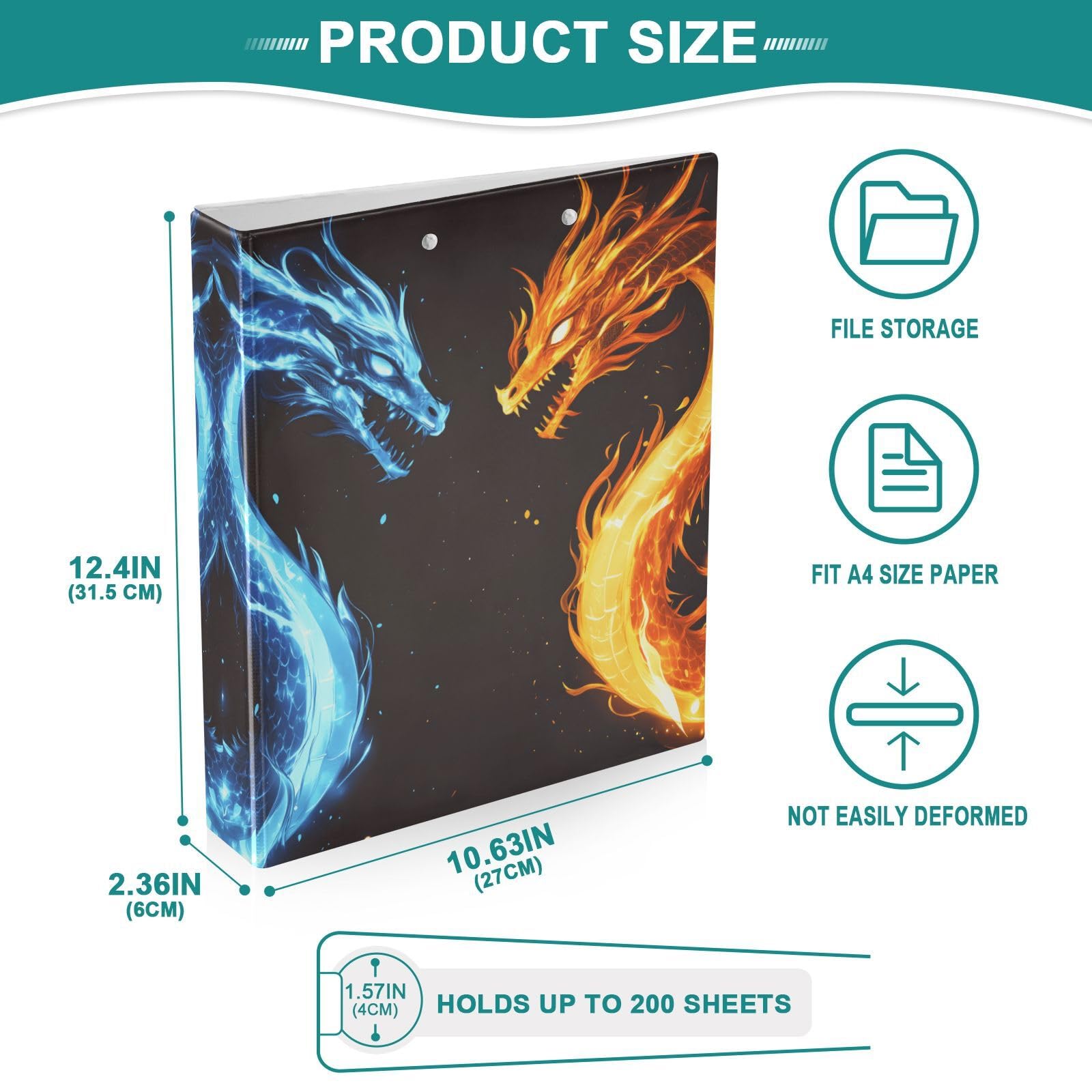 Confezione da 2 raccoglitori a 3 anelli, motivo Two Dragons Fire, 3,8 cm, con 3 tasche trasparenti, portablocco e contiene 200 fogli, per ufficio, scuola, organizzazione domestica