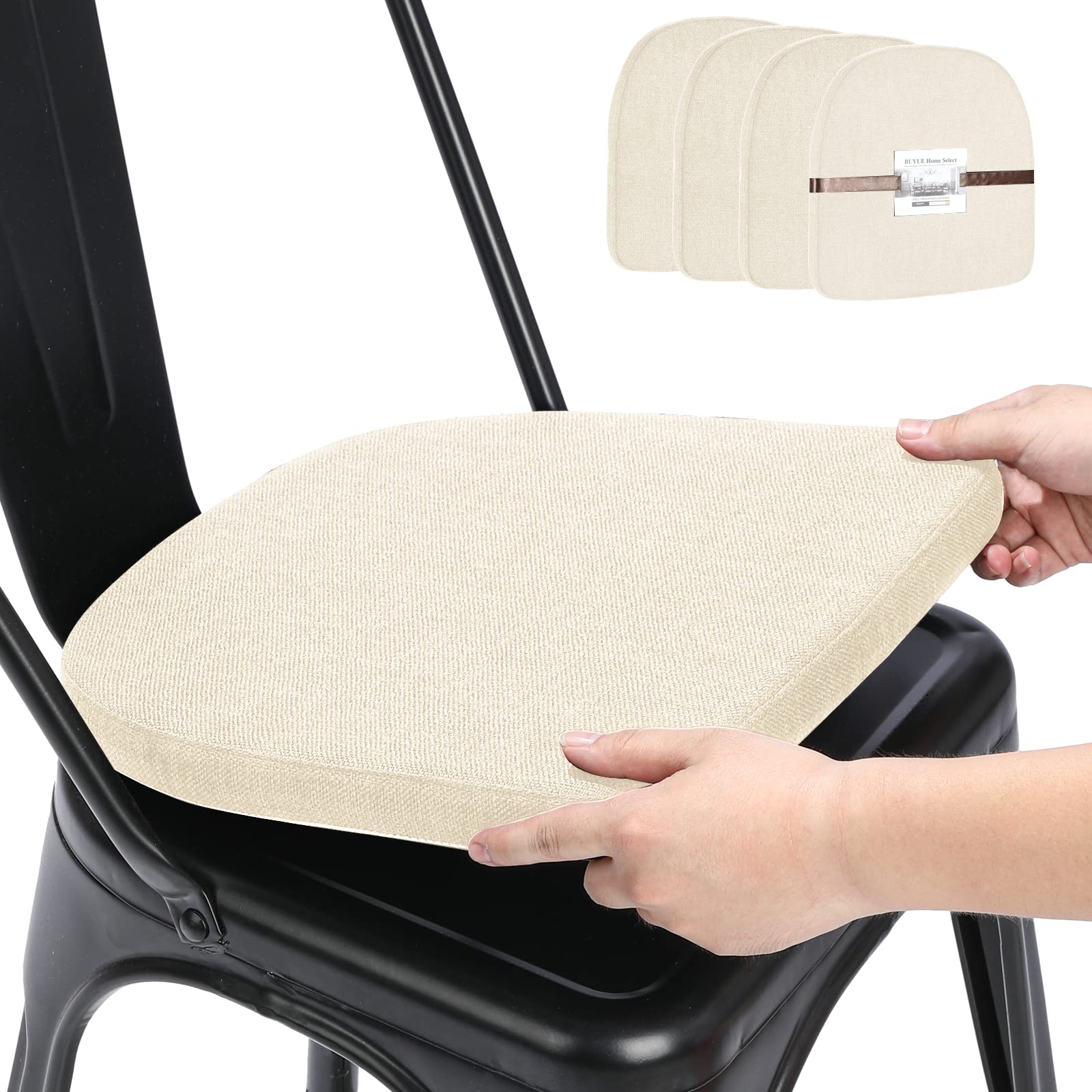 BUYUE Natural Linen 14x14 Magnetic Cushions for Metal Chair Set of 4, Enhanced Anti-Slip Seat Pads for Dining Kitchen Café Stackable Chairs (U-Shape, Beige, 4 Counts)