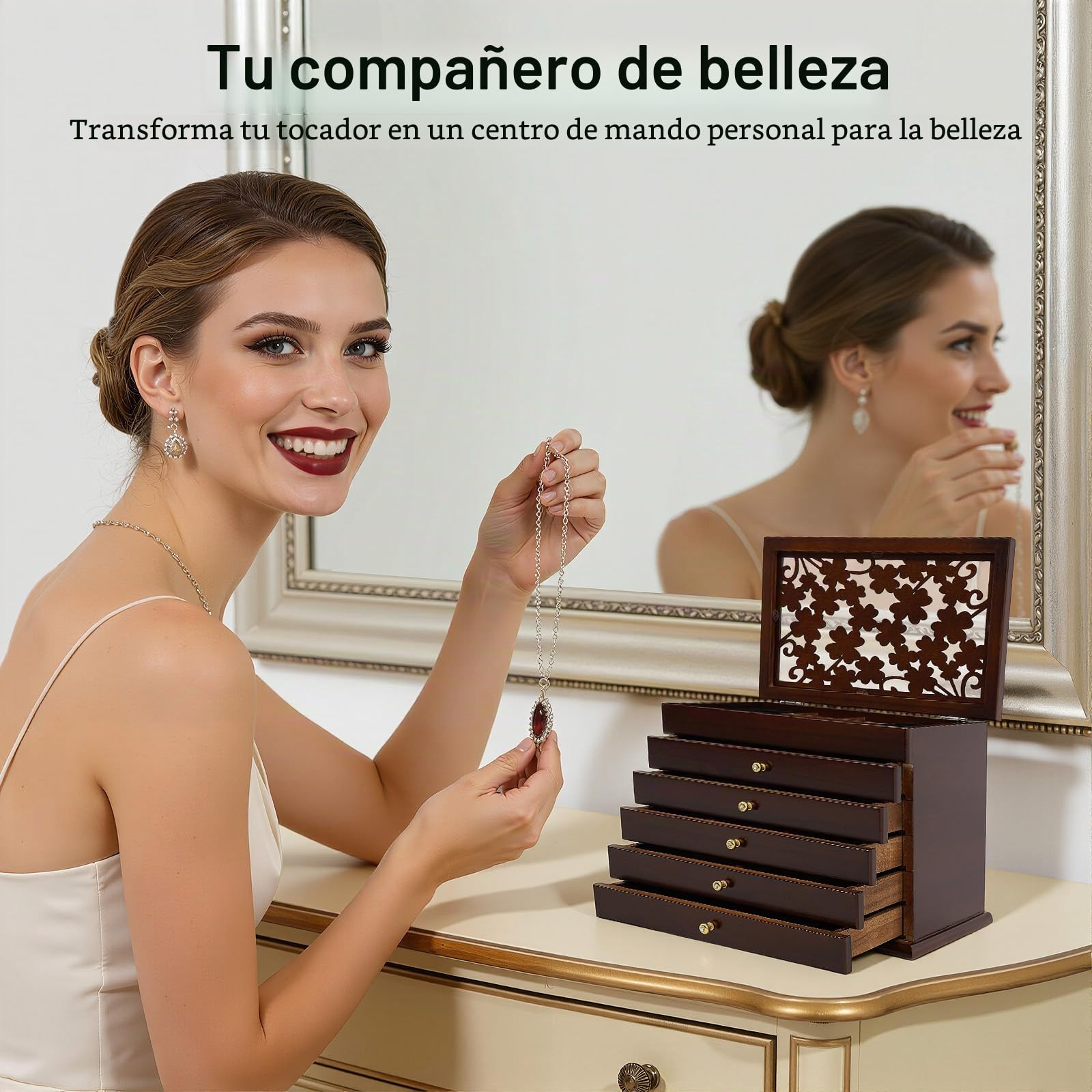 Joyero de madera grande con 6 niveles, caja de joyería con 5 cajones para anillos, pendientes, pulseras, collares, color marrón