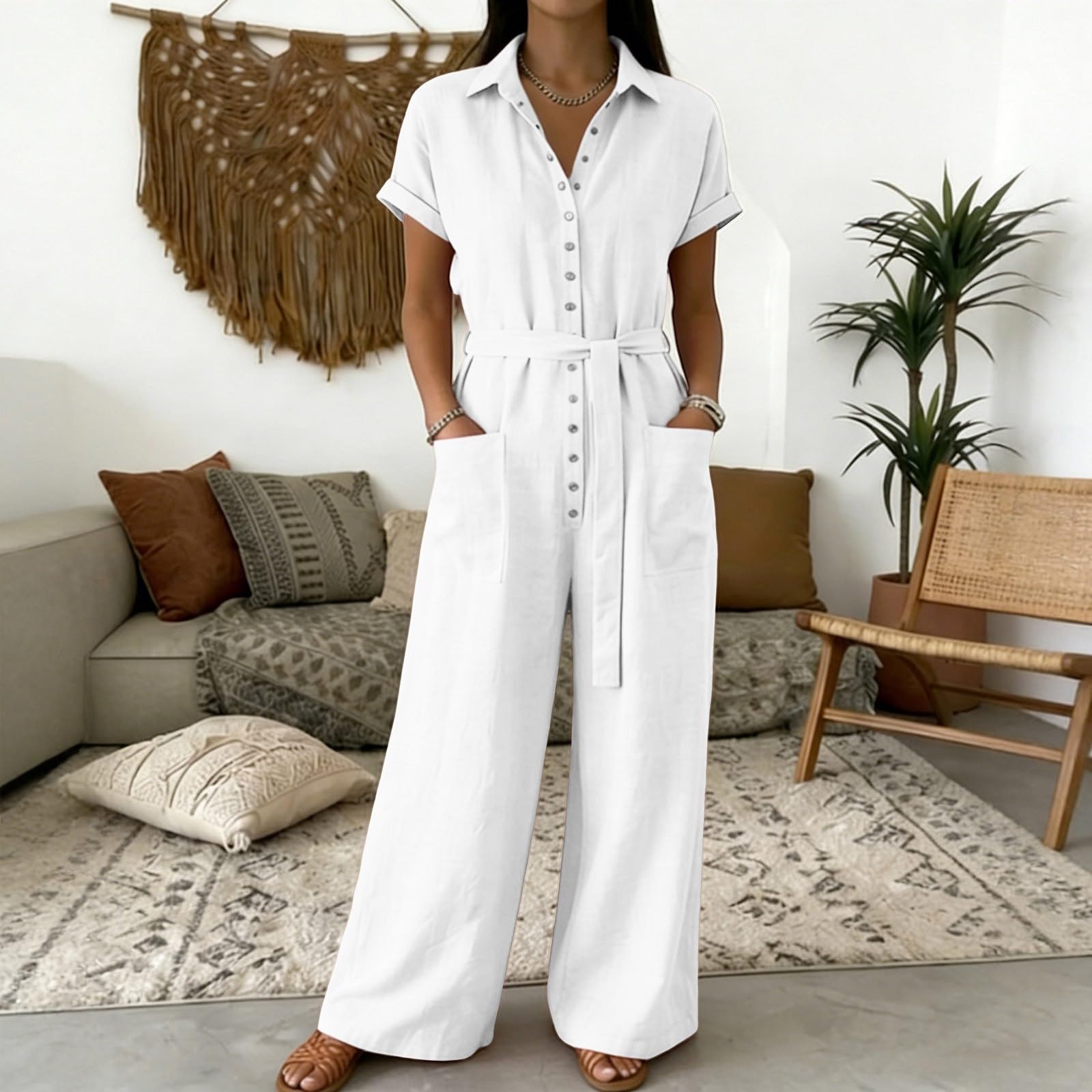 Jumpsuit Damen Sommer Baumwolle Overall Revers Knöpfen Hosenanzug Mit