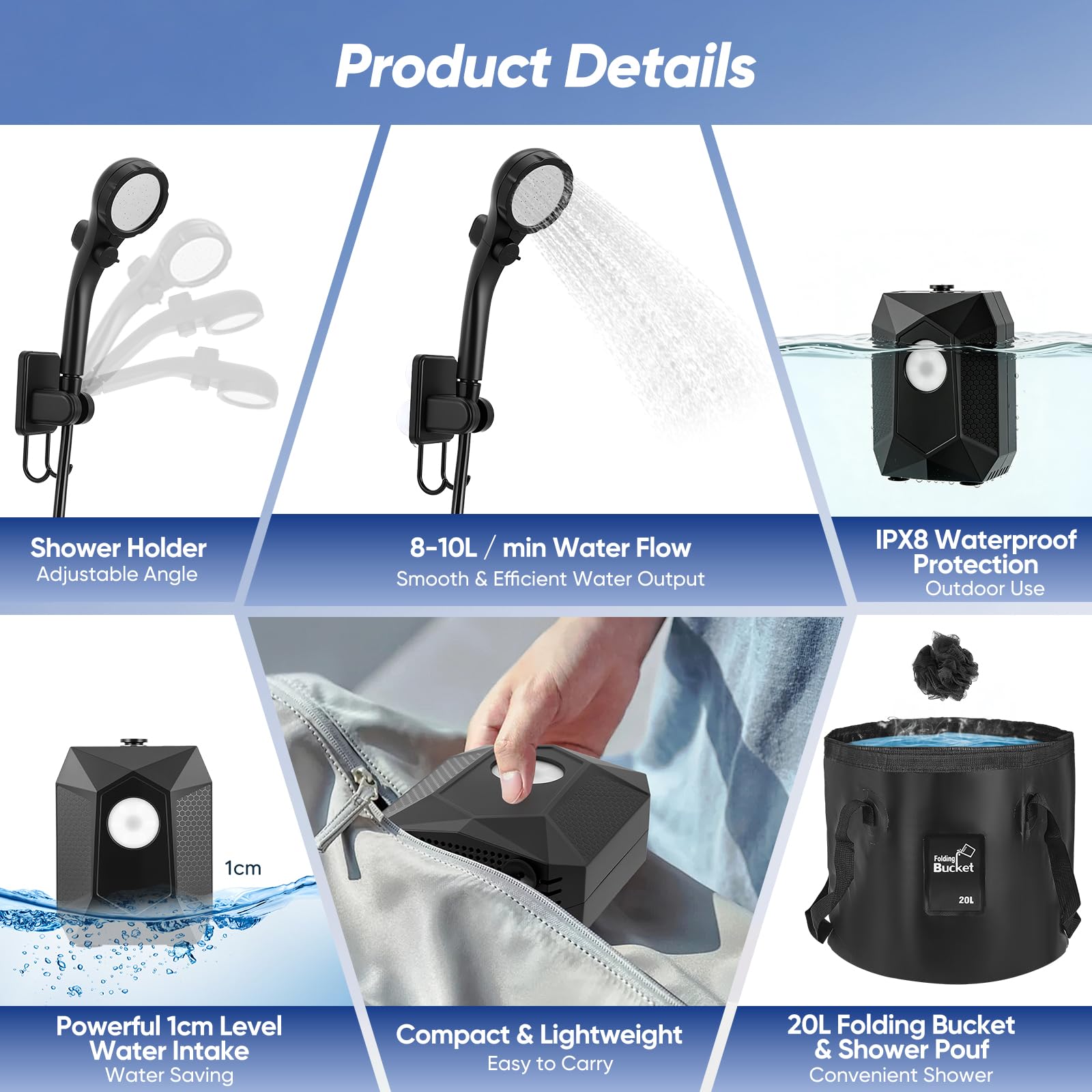 Ducha Portatil Camping Set - con Cubo Plegable 20L Luz LED y Bomba Recargable 6000mAh, Pantalla Digital, 5 Niveles de Flujo y Modos de Rociado, Ideal para Camping, Playa, Caravana, Mascotas y Jardín