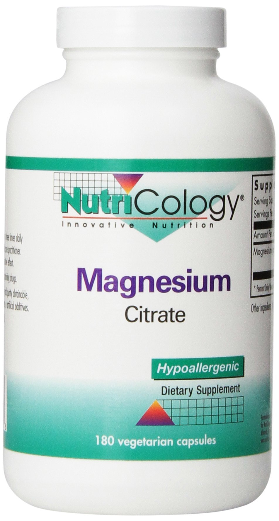 Nutricology Magnesium Citrate Dietary Supplement - Bone & Stress Support, Well-Absorbed, Hypoallergenic, Vegetarian Capsules, Gluten Free - 180 Count