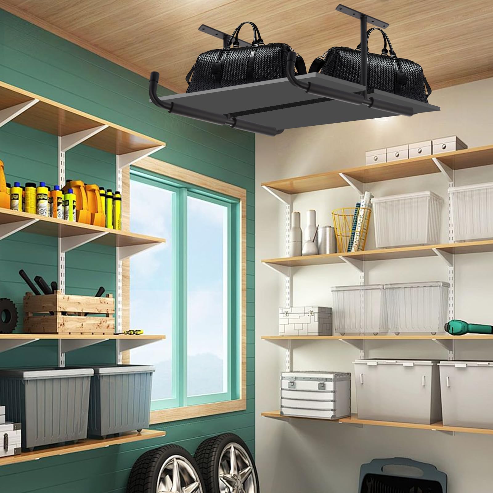 6er Set Garage Schwerlasthaken, Deckenhaken Garage, Metall Deckenhalterung, Deckenregal Hängend Wandhaken für Fahrrad, Holz, Leiter, Angelrutenund Sportgeräten wie Ski, Surfboard