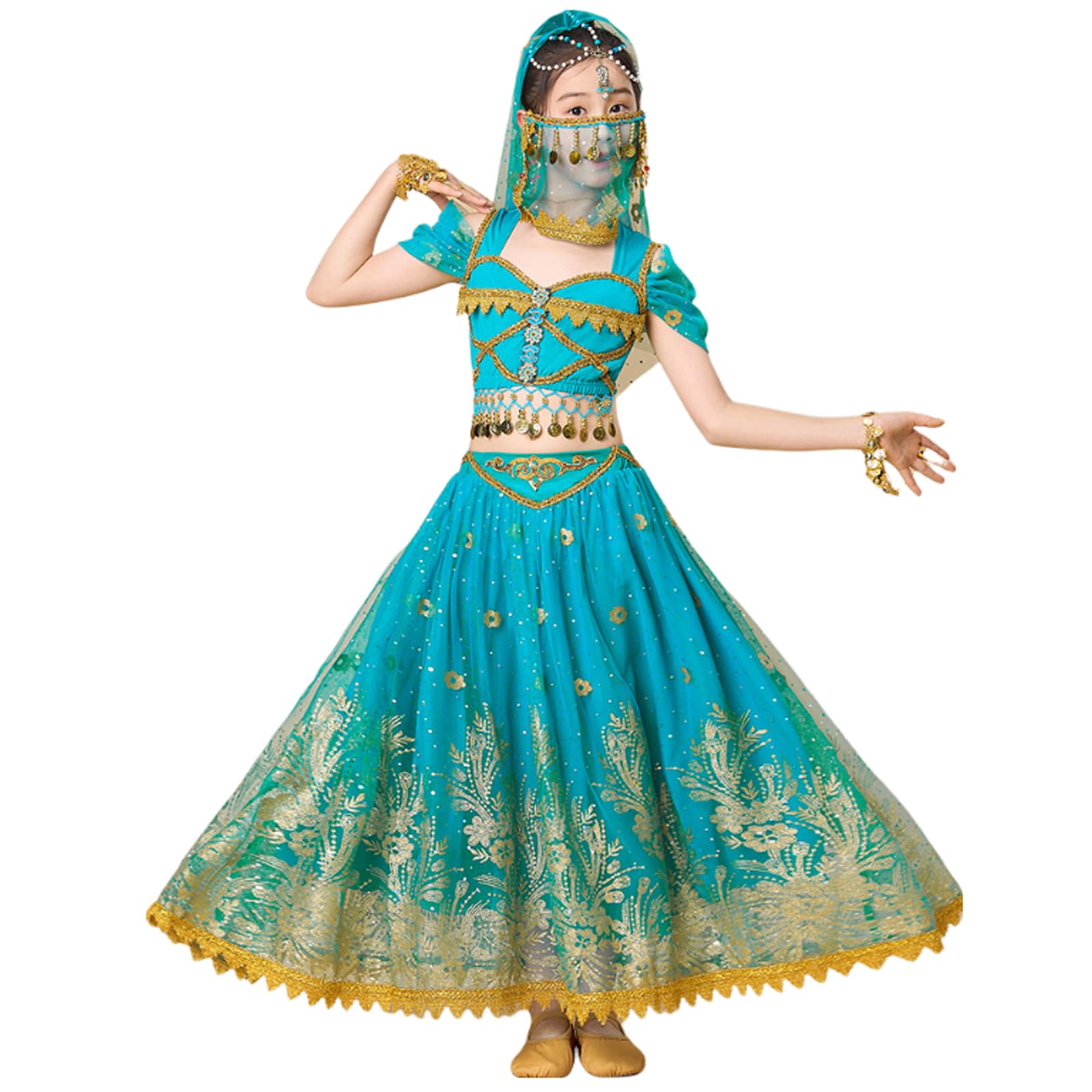 Kostium tańca brzucha dla dziewczynek sukienka Bollywood,orientalna księżniczka Jasmine przebranie Halloween taniec brzucha kostium szyfonowy,indyjskie ubrania tańca,Blue,S
