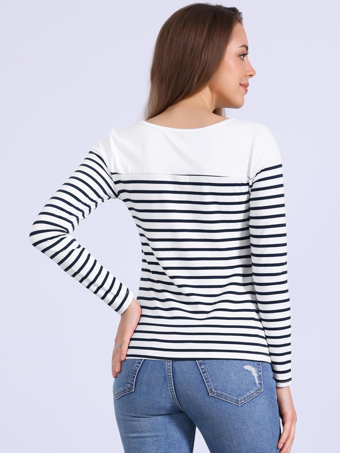 Allegra K Women's Striped Top Long Sleeve Round Neck Tops Trendy Casual Striped Shirts - Image 3