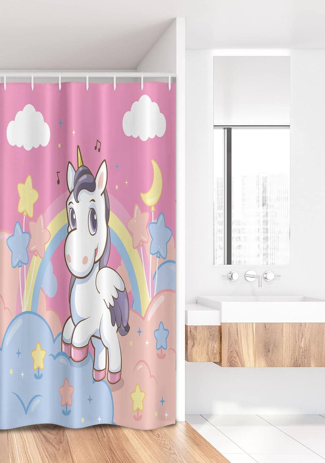 Ambesonne Feminine Stall Shower Curtain, Unicorn Rainbow and Music Notes Clouds in The Sky Art Print, Fabric Bathroom Decor Set with Hooks, 36" W x 72" L, Yellow and Pink