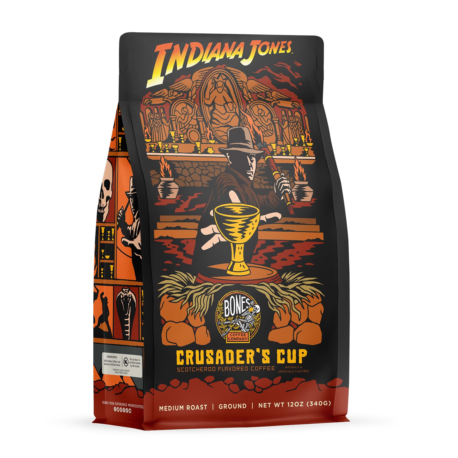 Bones Coffee Company Indiana Jones Crusader's Cup Flavored Coffee Beans, Medium Roast Ground Coffee Low Acid, Scotcheroo Flavor (12 oz)
