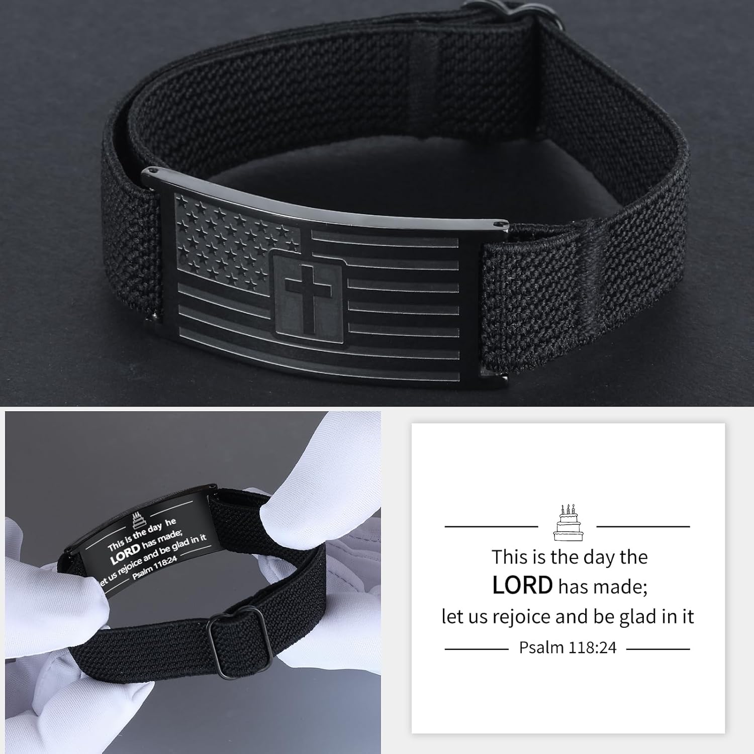 Mens Bracelet - American Flag Christian Cross Bracelet for Boys - Adjustable Black Elastic Stretch Strap with Bible Verse - Gift for Son Grandson - Image 5