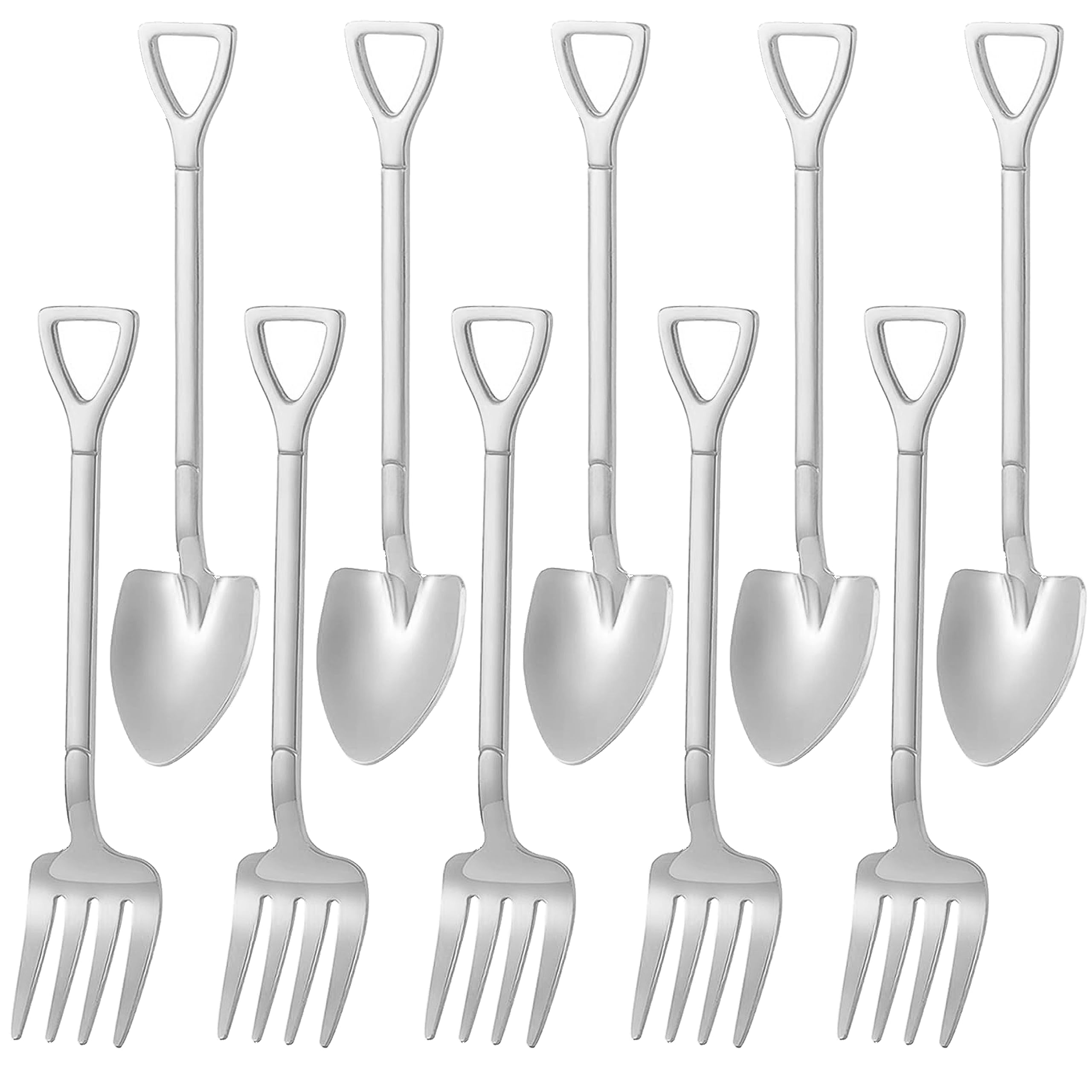 Comicf 10 Pcs 4.7 Inches Coffee Spoon Fork, Silver Shovel Shape Dessert Coffee Small Spoon Cocktail Picks Fruit Fork Flatware, Stainless Steel Tea Spoon Set (5 Spoons 5 Forks, Silver)