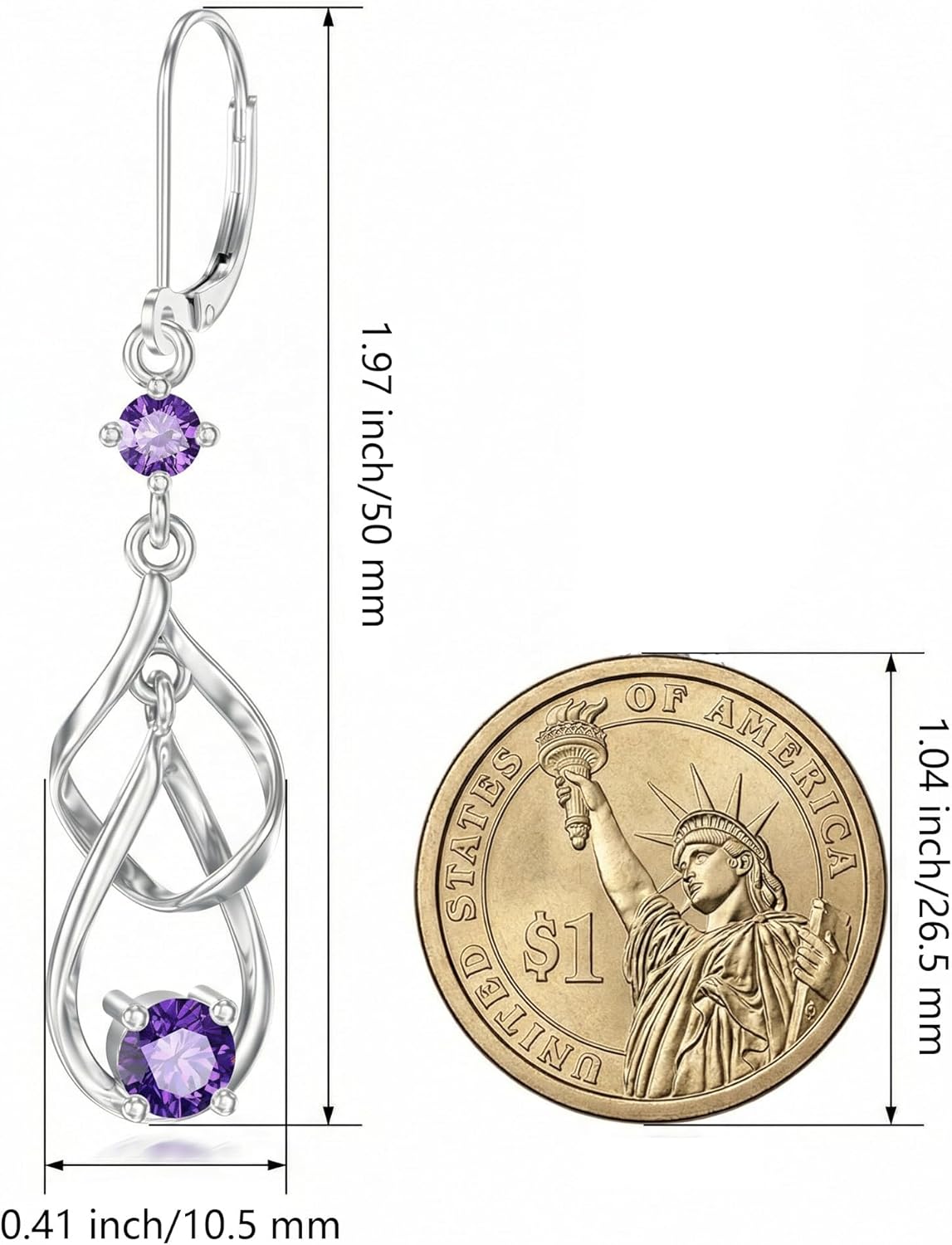 Natural Amethyst Drop Dangle Earrings for Women 925 Sterling Silver Linear Swirl French Wire Earrings with Genuine Amethyst Jewelry Gift for Mom Wife Girlfriend