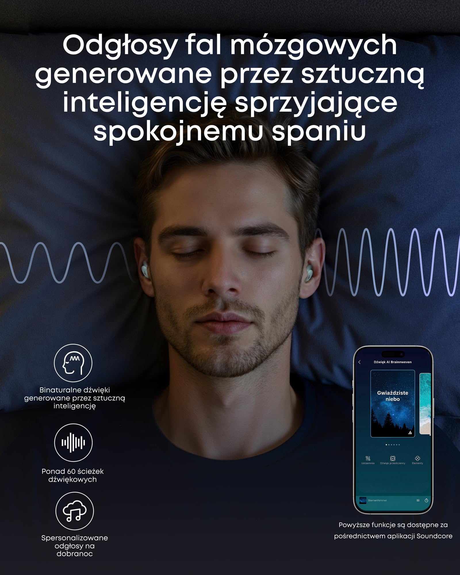 Soundcore Auricolari Sleep A30 di Anker, Cuffie per Il Sonno con Cancellazione Attiva del Rumore, Sistema Adattivo di Mascheramento del Russare, Massimo Comfort per Sonno Laterale, 45 Ore di Gioco