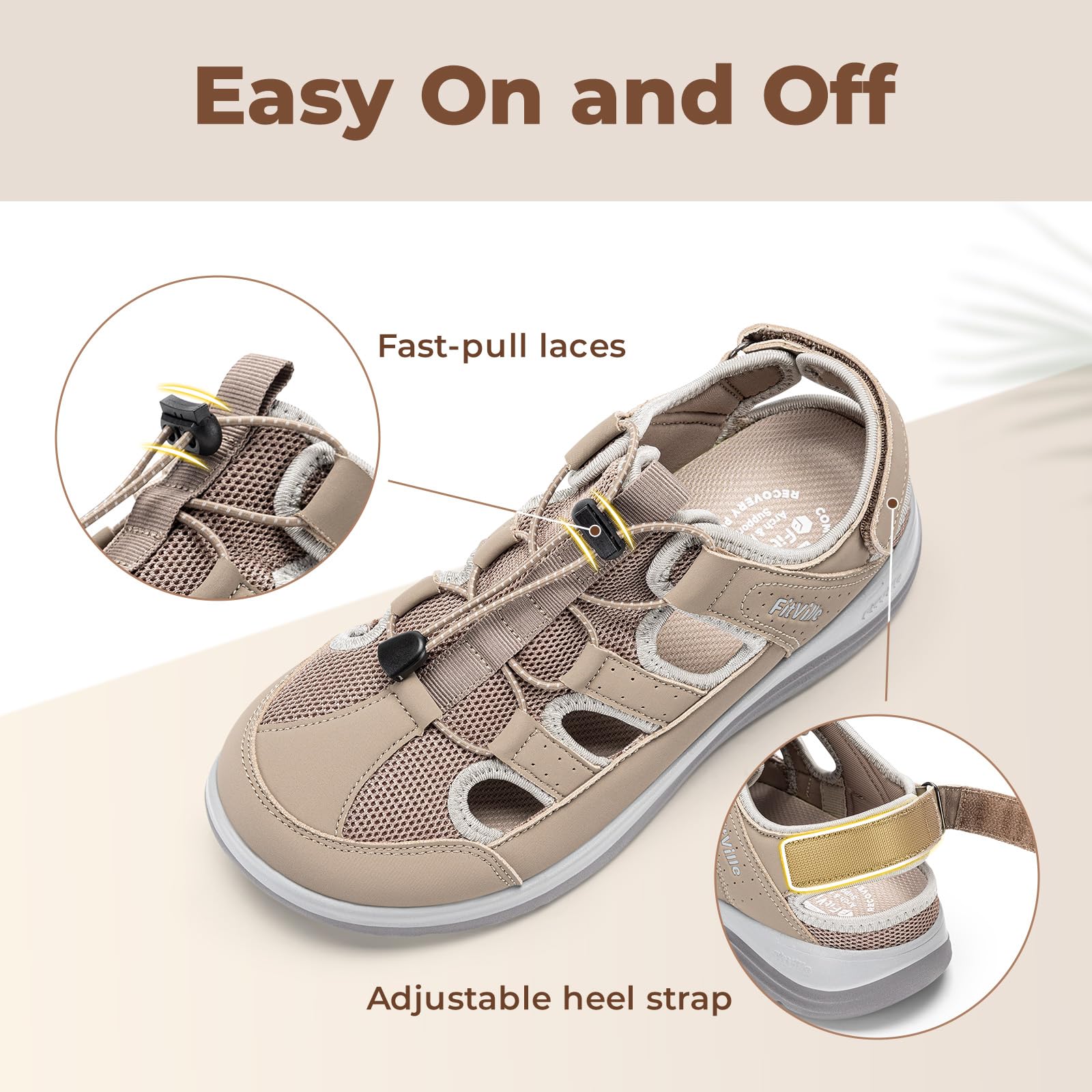 FitVille Sandalias Anchas de Verano para Mujer Transpirables y Cómodas con Sistema de Cordón Elástico y Correa Ajustable para Exterior