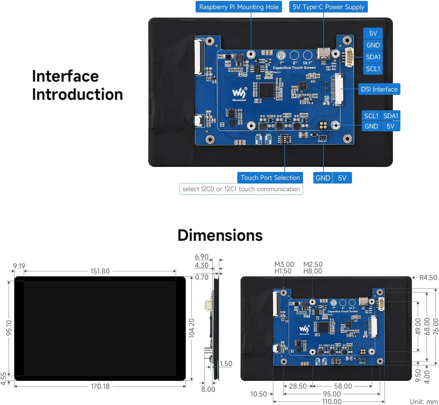 Diagram showing the interface ports and physical dimensions of the Waveshare 7-inch DSI LCD (E) display, including Raspberry Pi mounting holes, 5V Type-C Power Supply, DSI Interface, and touch port selection.