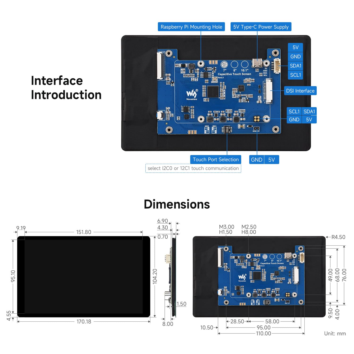 Waveshare 7inch DSI Capacitive Touch Display 2 for Raspberry Pi 5/4B/CM4 IO Board, 1280 x 800, 10-Point Touch, Higher Color Gamut, IPS, Optical Bonding Toughened Glass Panel, DSI Interface